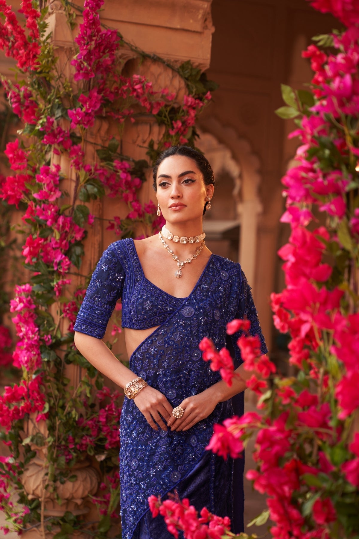 Electric blue drape saree set