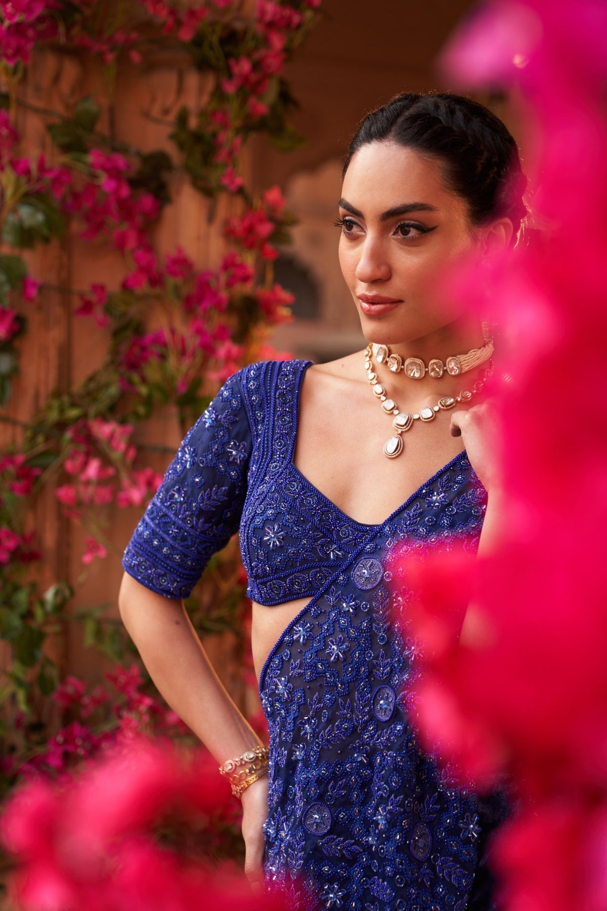 Electric blue drape saree set