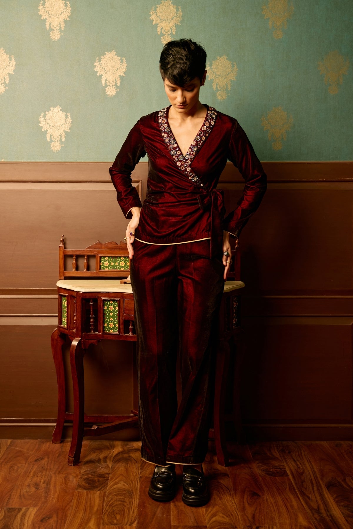 Sangria velvet front tie knot jumpsuit