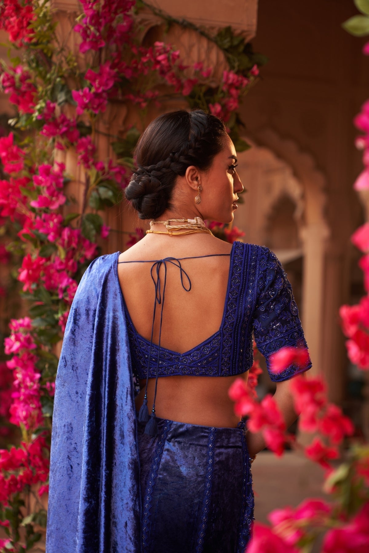 Electric blue drape saree set