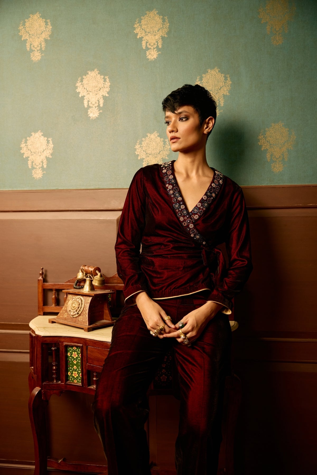 Sangria velvet front tie knot jumpsuit