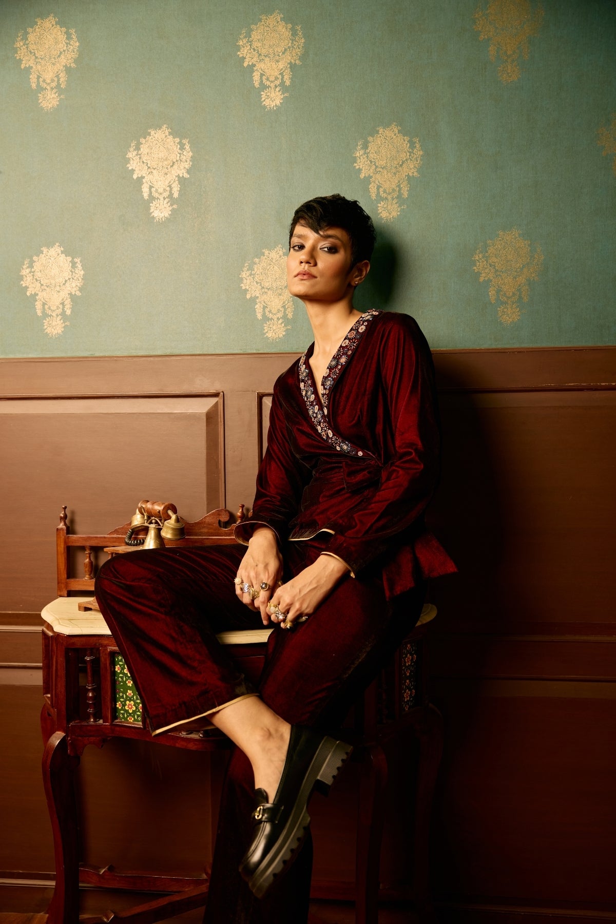 Sangria velvet front tie knot jumpsuit