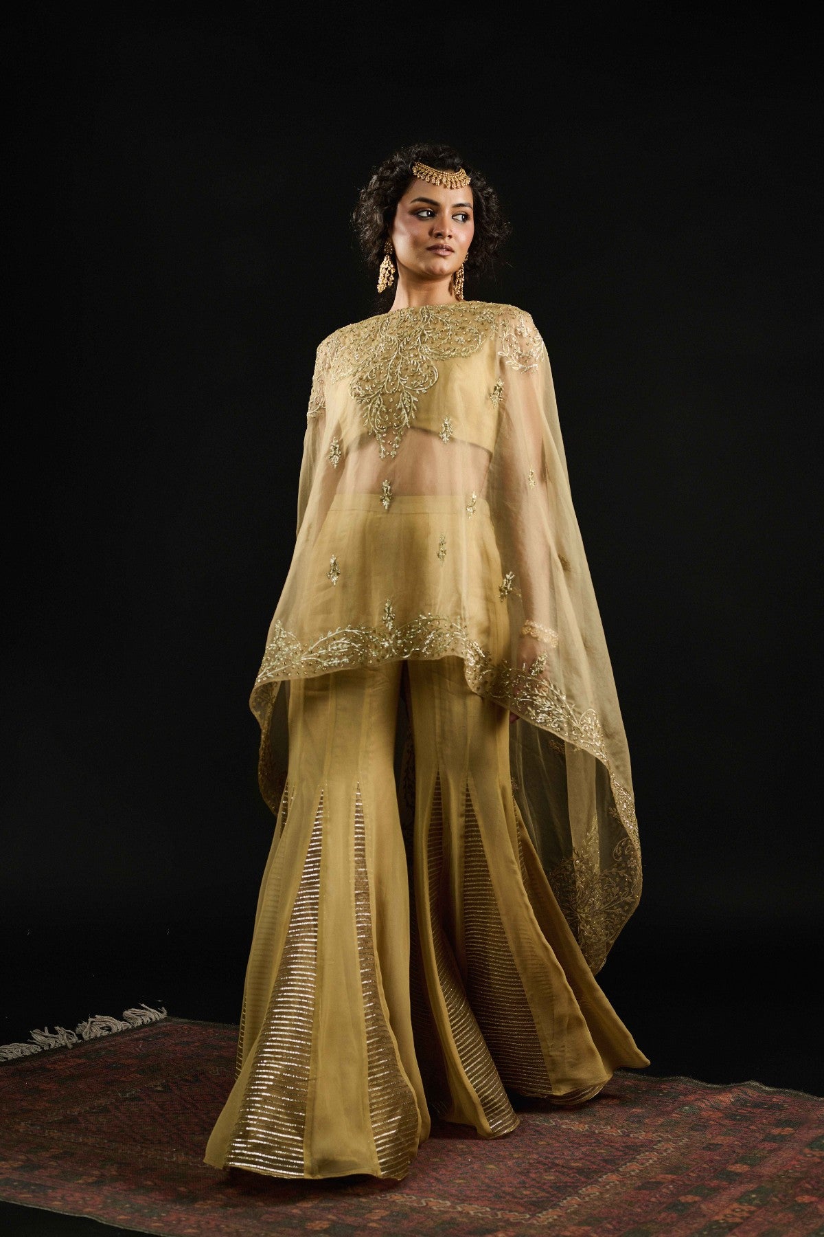 Noor Golden kaftan cape sharara set