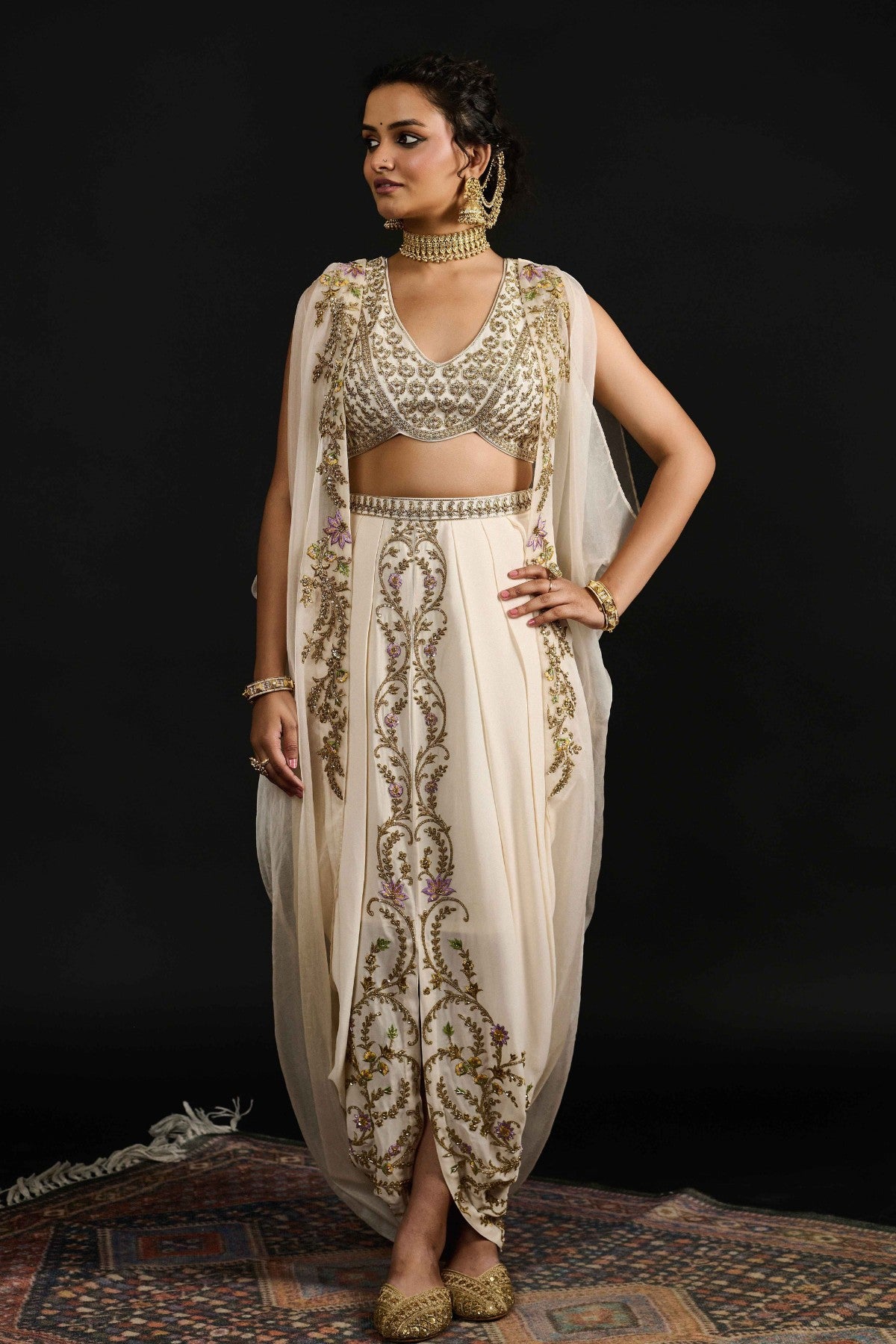 Farah ivory dhoti cape set