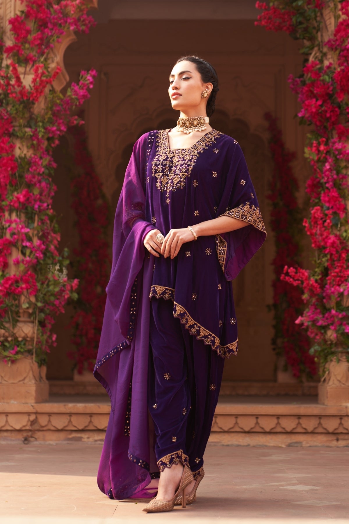 Jamun makhmal kaftan kurta set