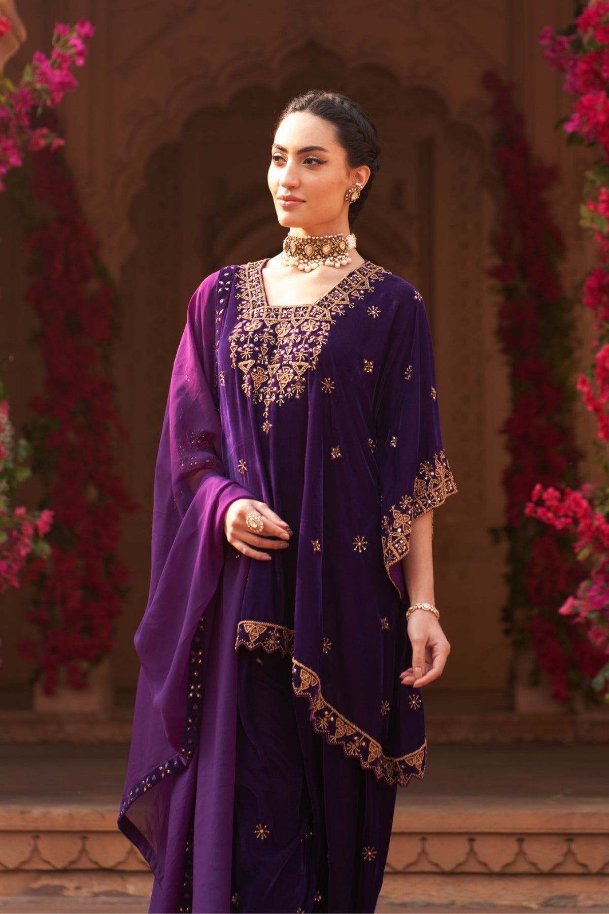 Jamun makhmal kaftan kurta set