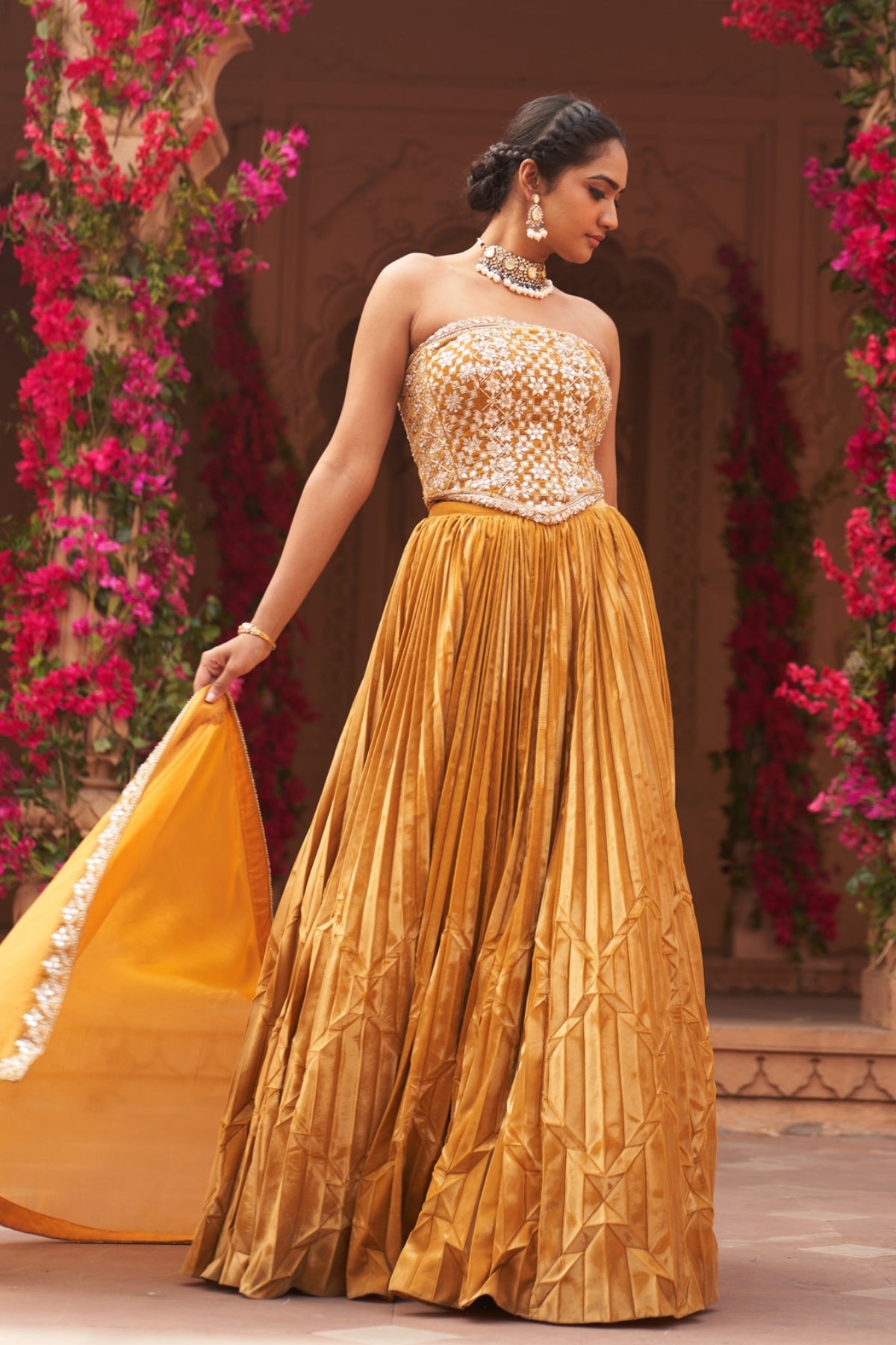 Haldi yellow lehenga set with corset blouse