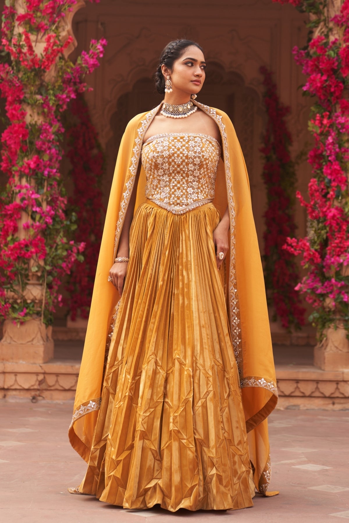 Haldi yellow lehenga set with corset blouse