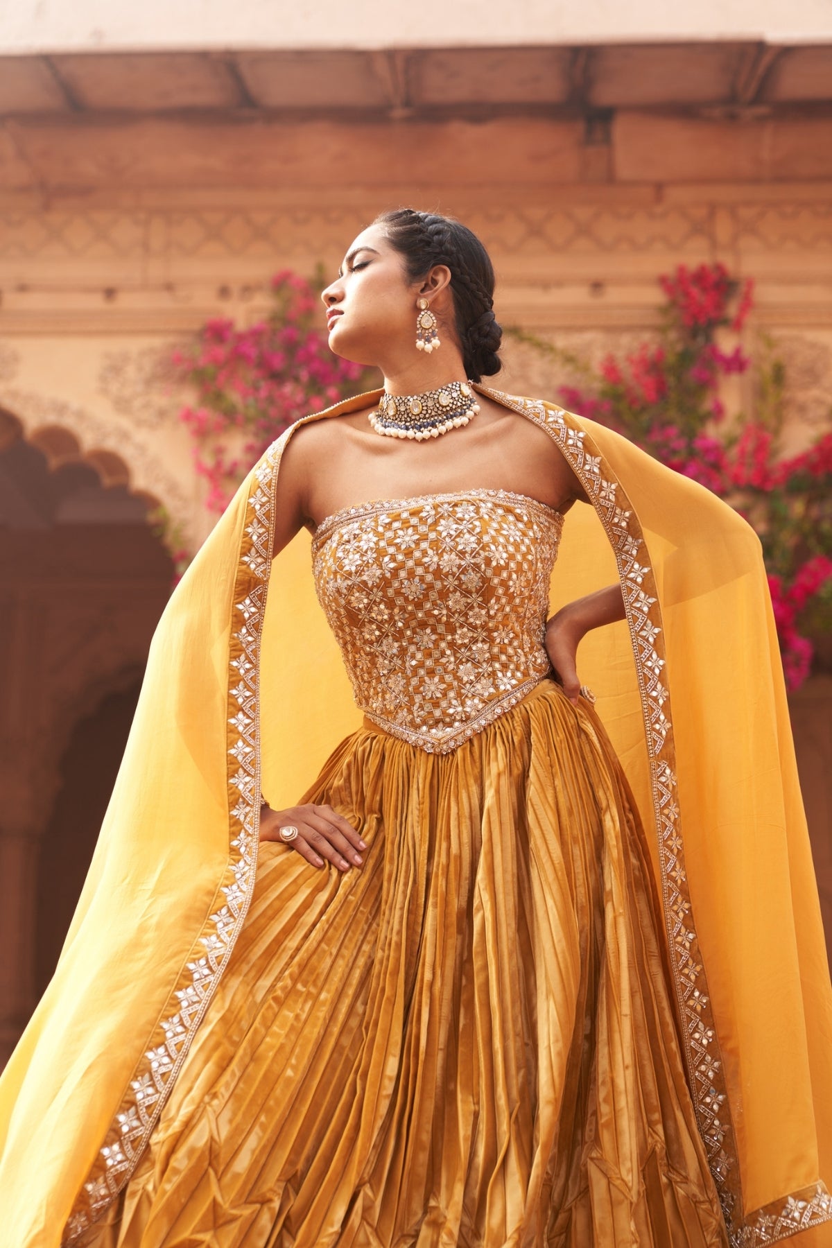 Haldi yellow lehenga set with corset blouse