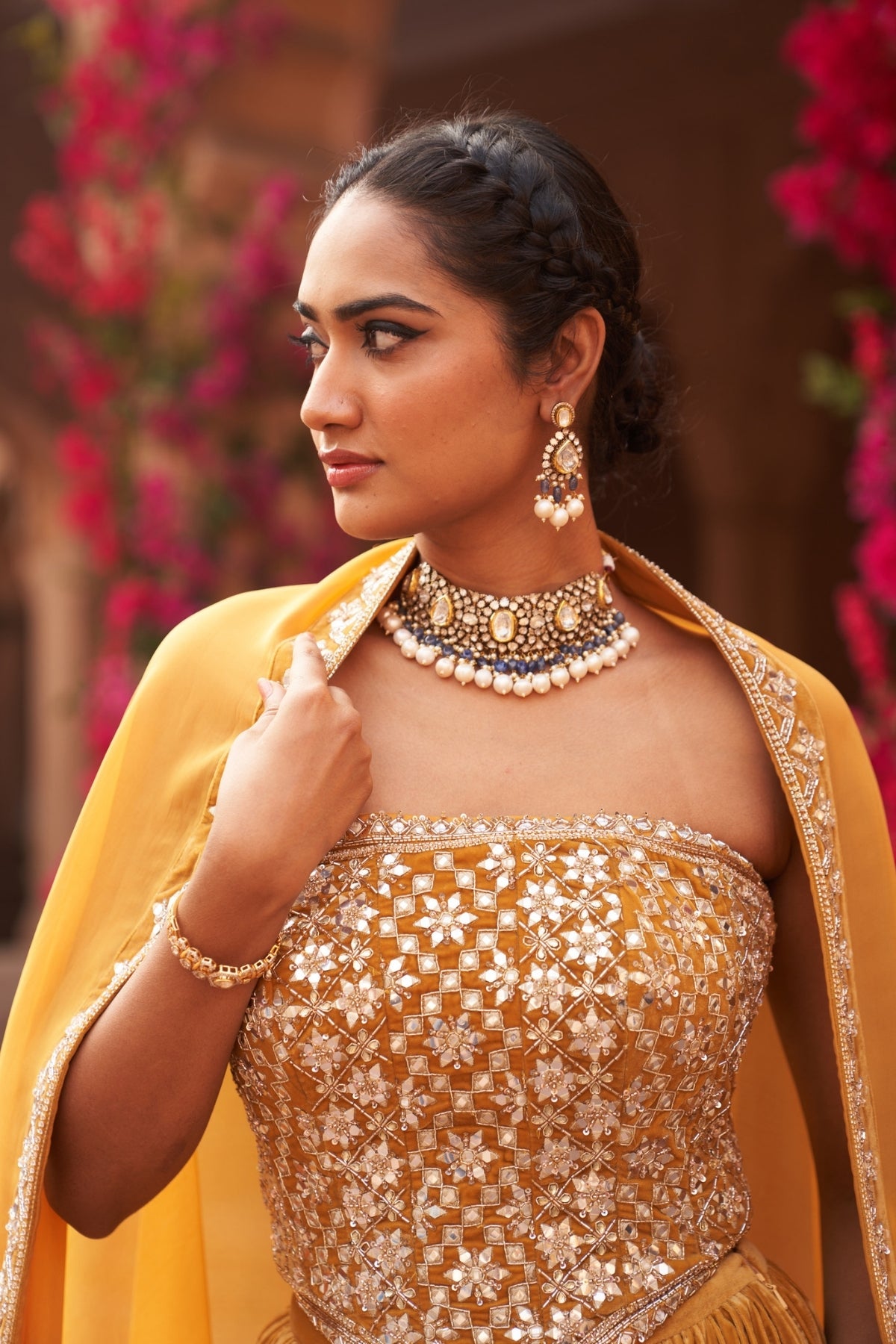 Haldi yellow lehenga set with corset blouse