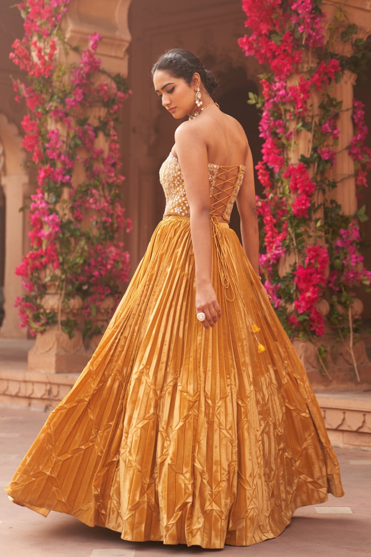 Haldi yellow lehenga set with corset blouse