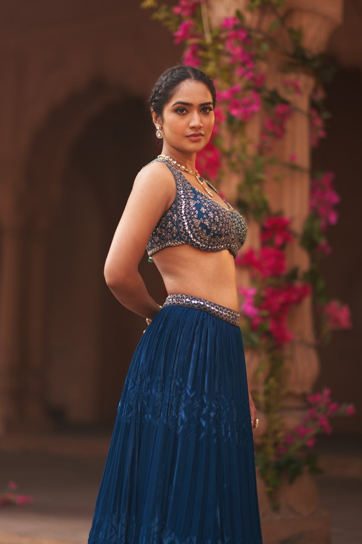 Teal blue pleated lehenga set