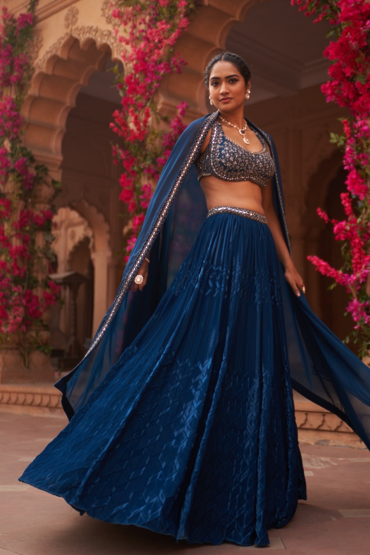 Teal blue pleated lehenga set