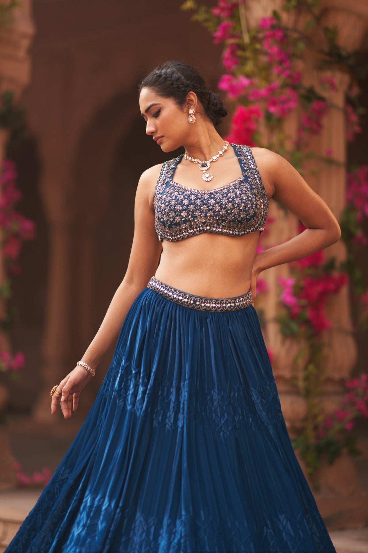 Teal blue pleated lehenga set
