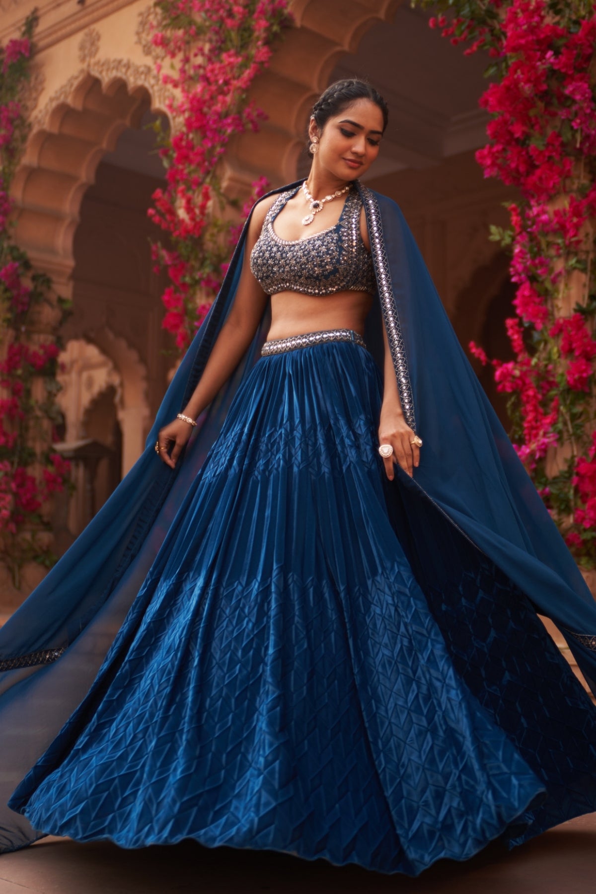 Teal blue pleated lehenga set