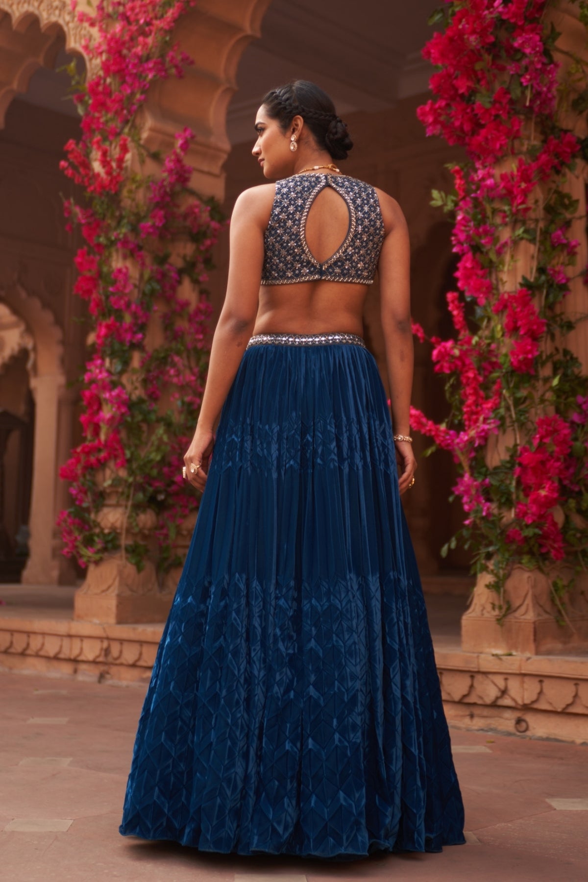 Teal blue pleated lehenga set
