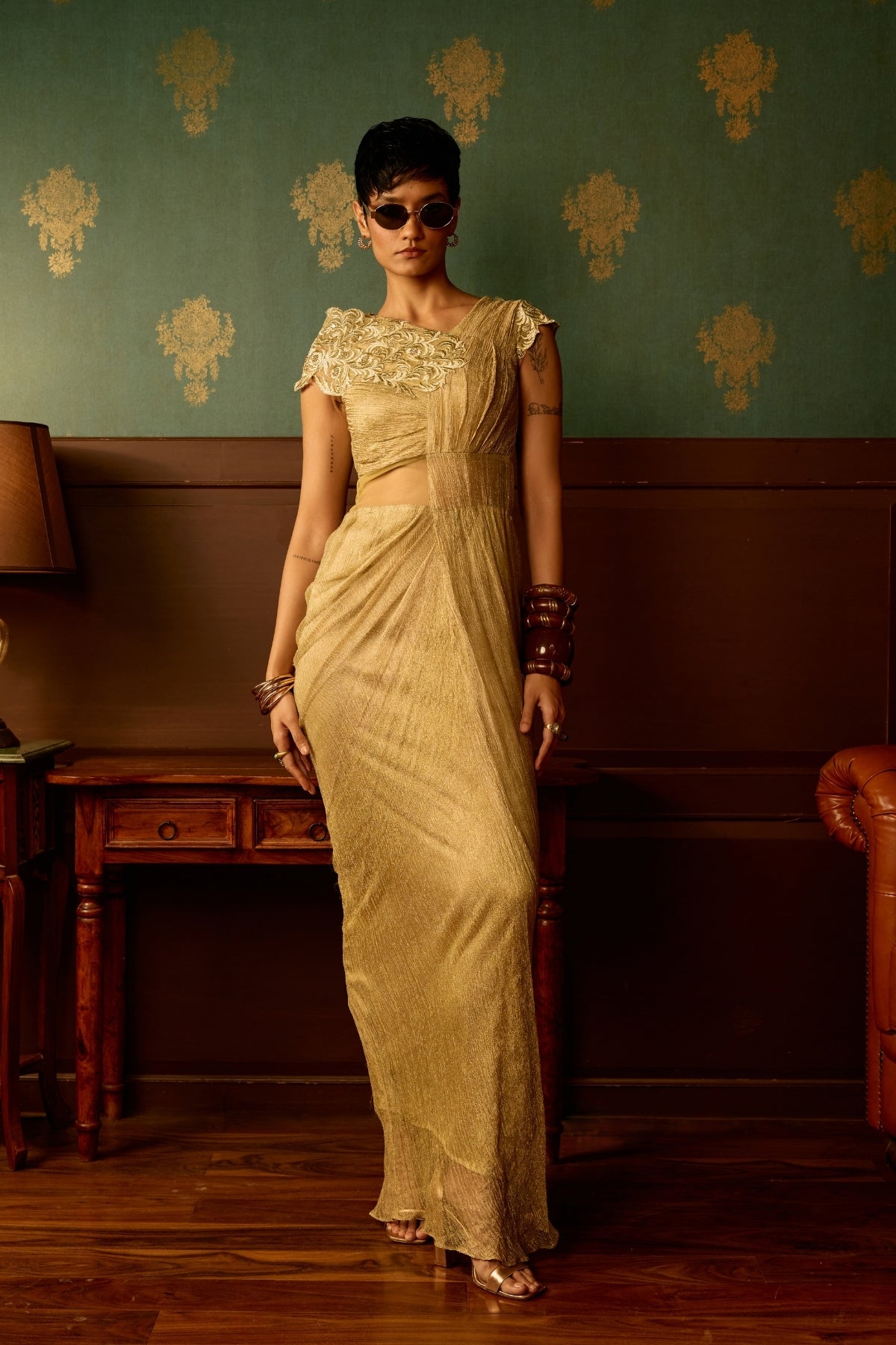 Pastel sage mist drape gown