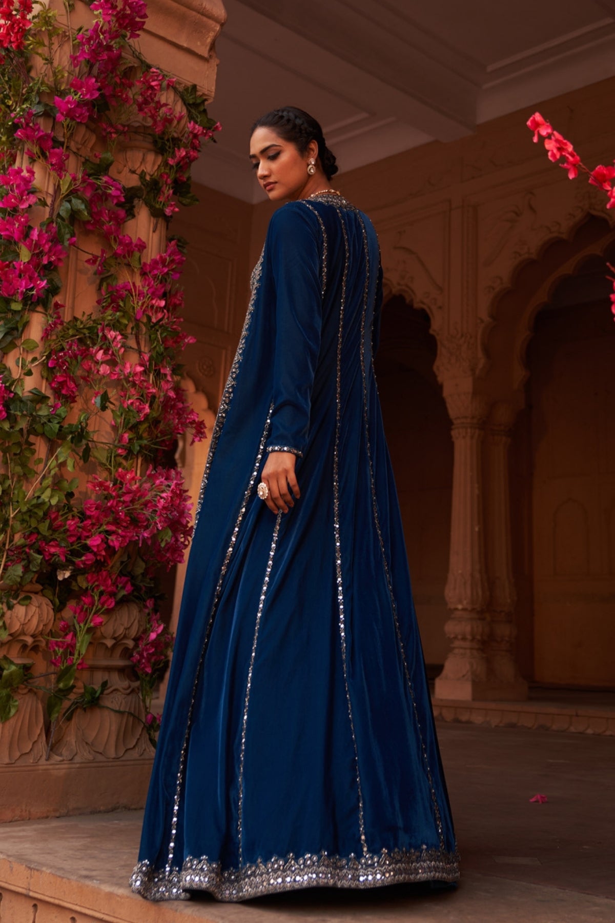 Teal Blue pleated lehenga set with makhmal cape