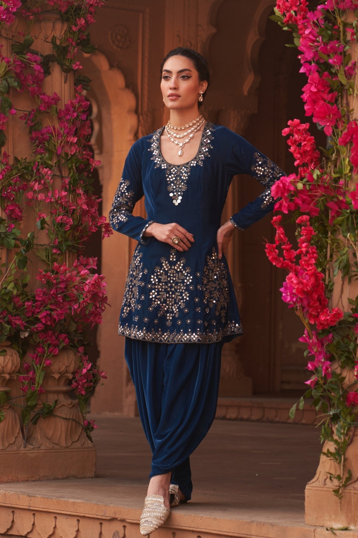 Teal makhmal peplum kurta set