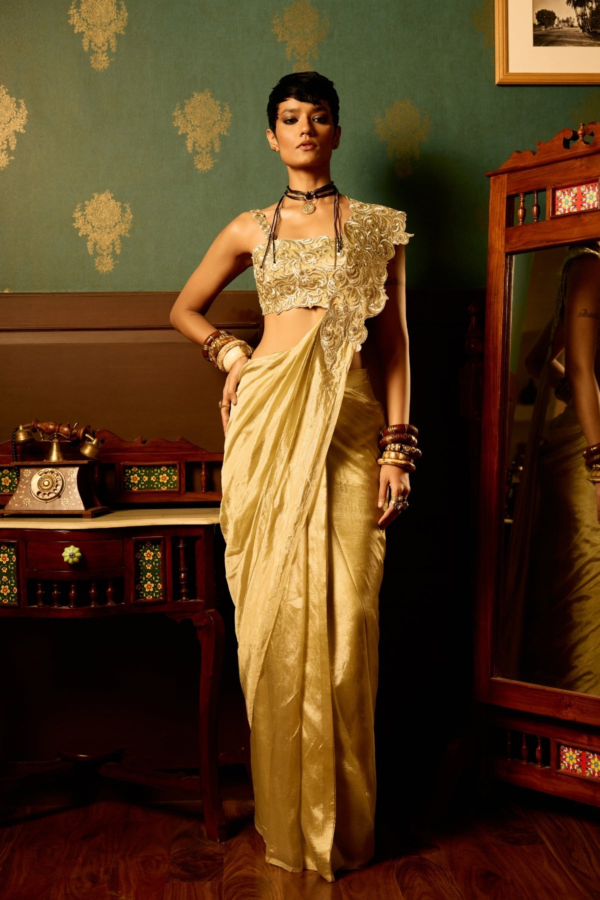 Pastel sage bloom drape saree