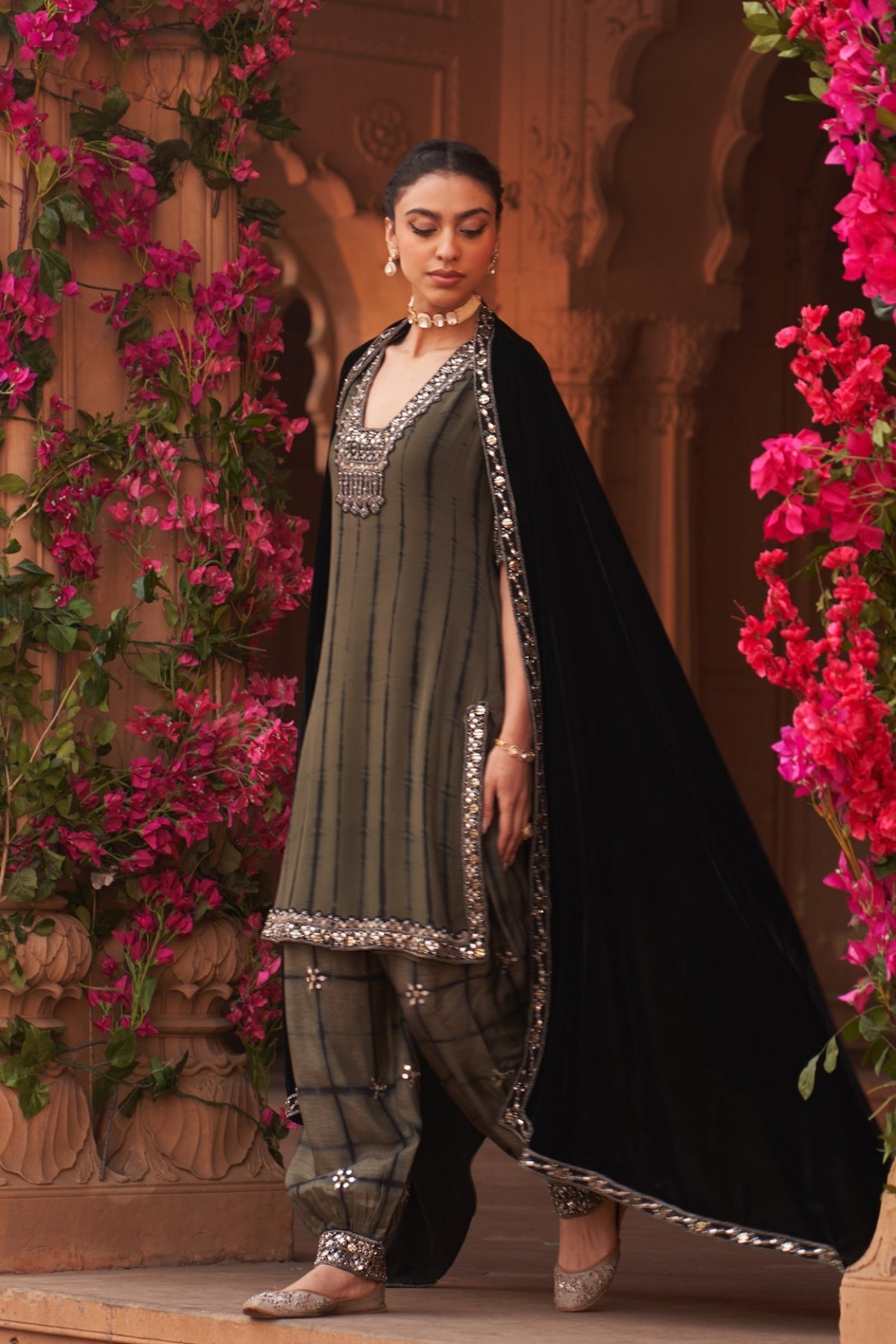 Dull olive tie-dye kurti-salwar set