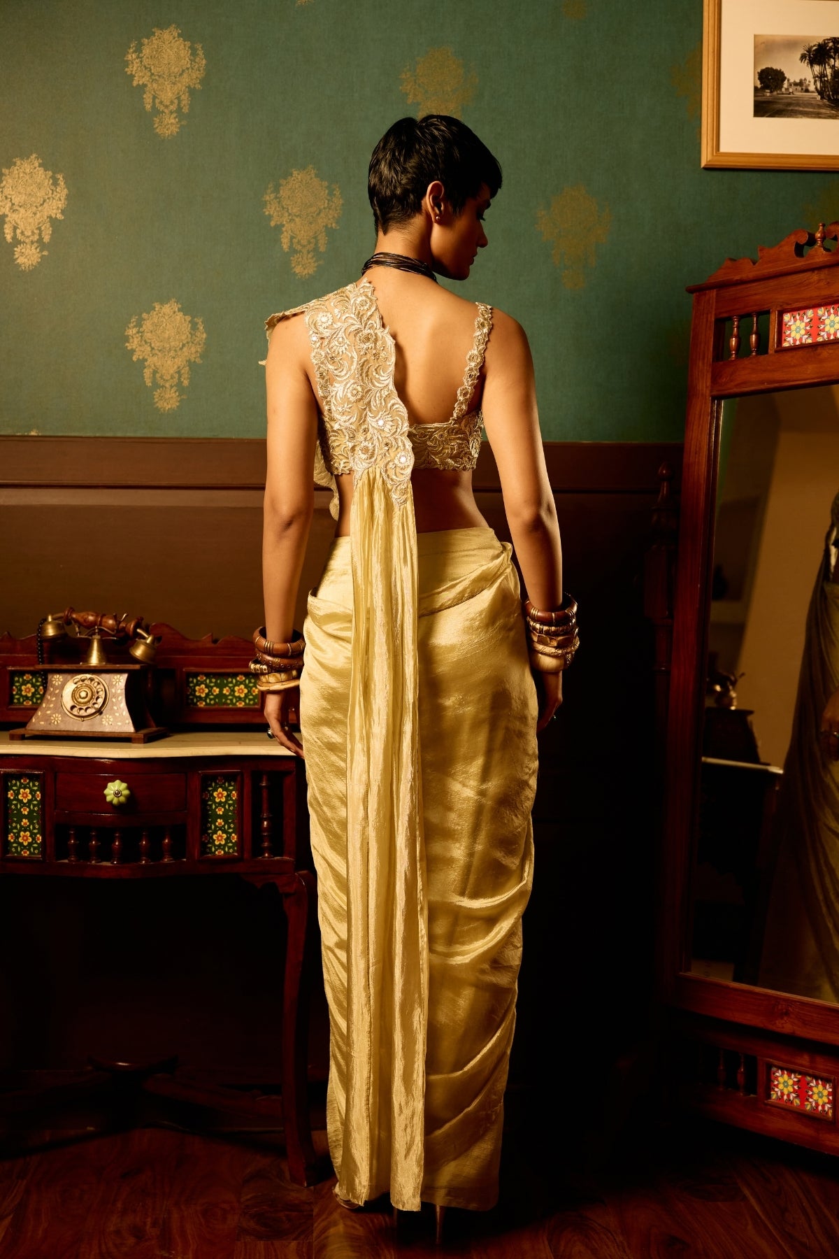 Pastel sage bloom drape saree