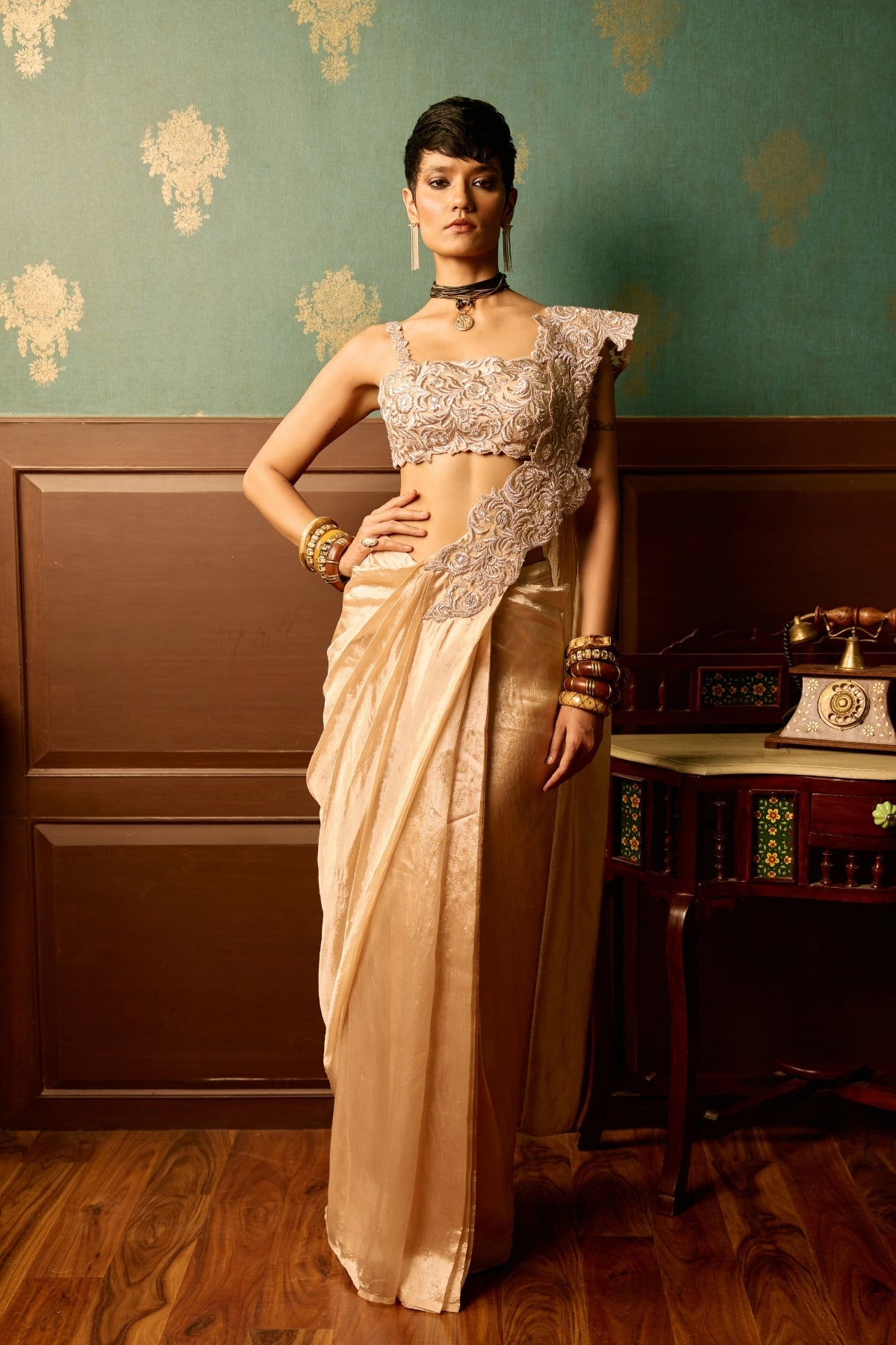 Baby pink bloom drape saree