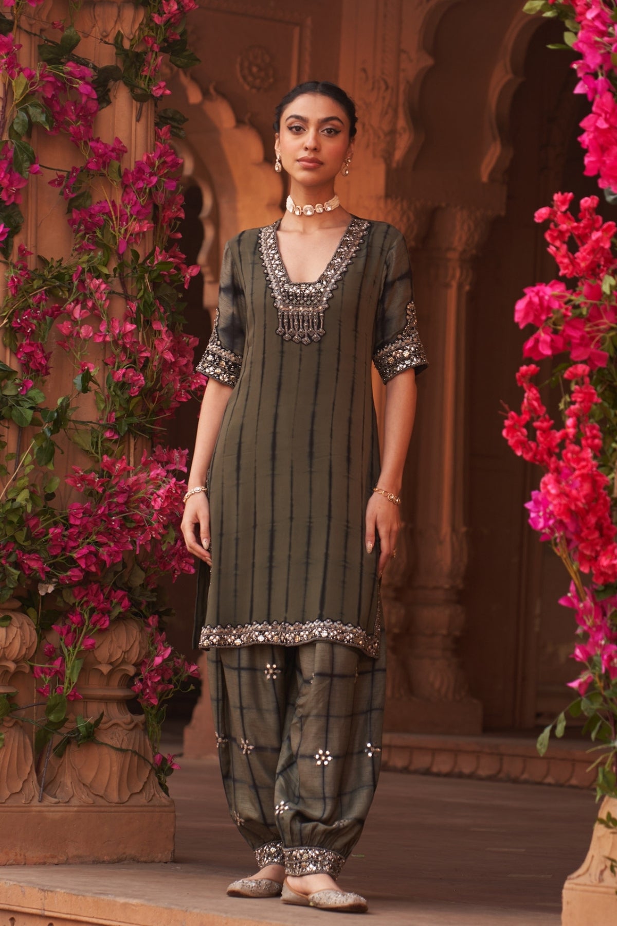 Dull olive tie-dye kurti-salwar set