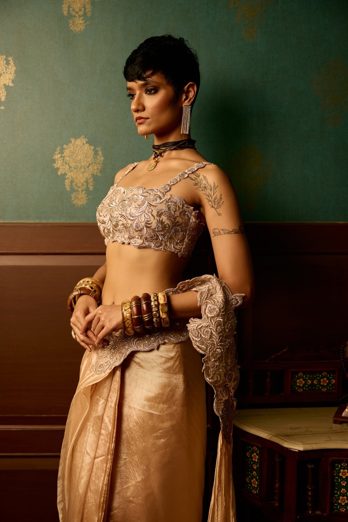 Baby pink bloom drape saree