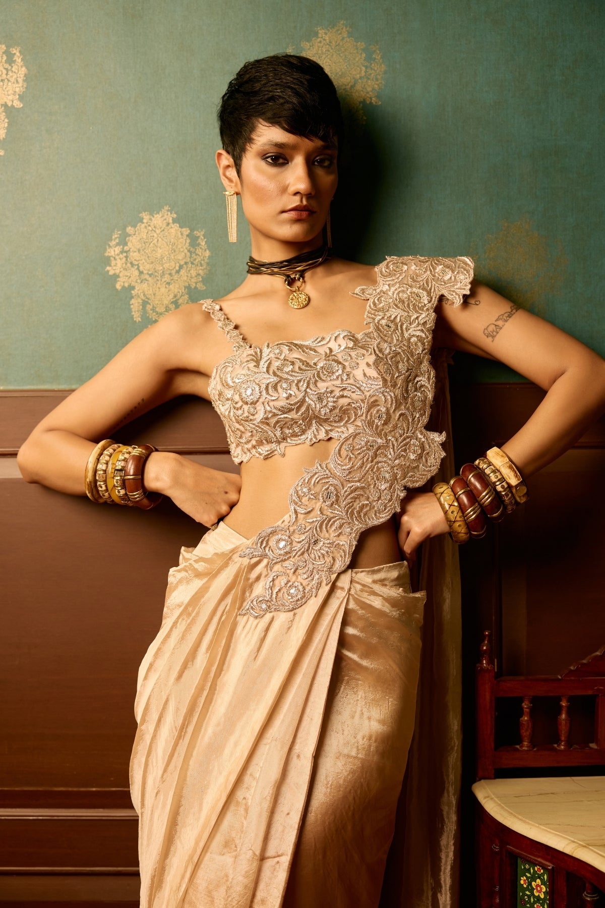 Baby pink bloom drape saree