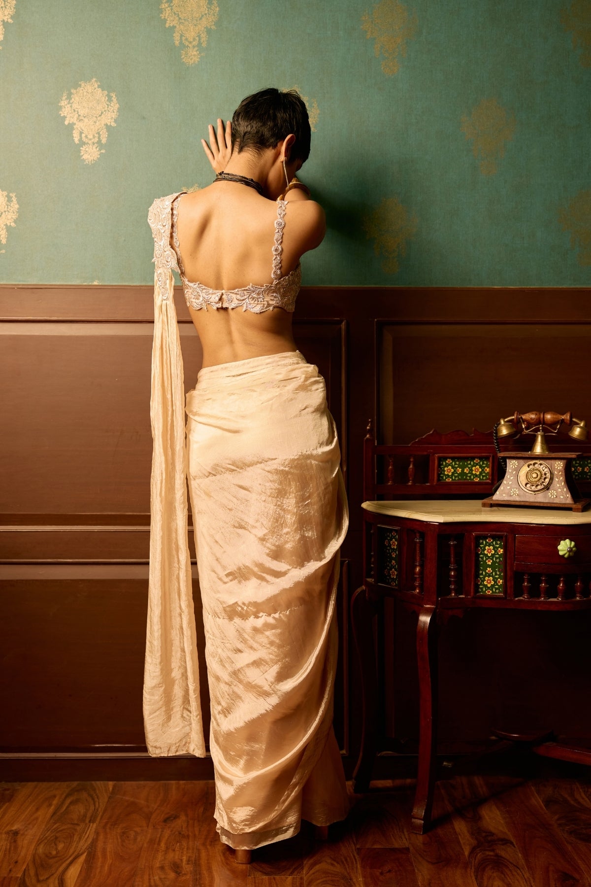 Baby pink bloom drape saree