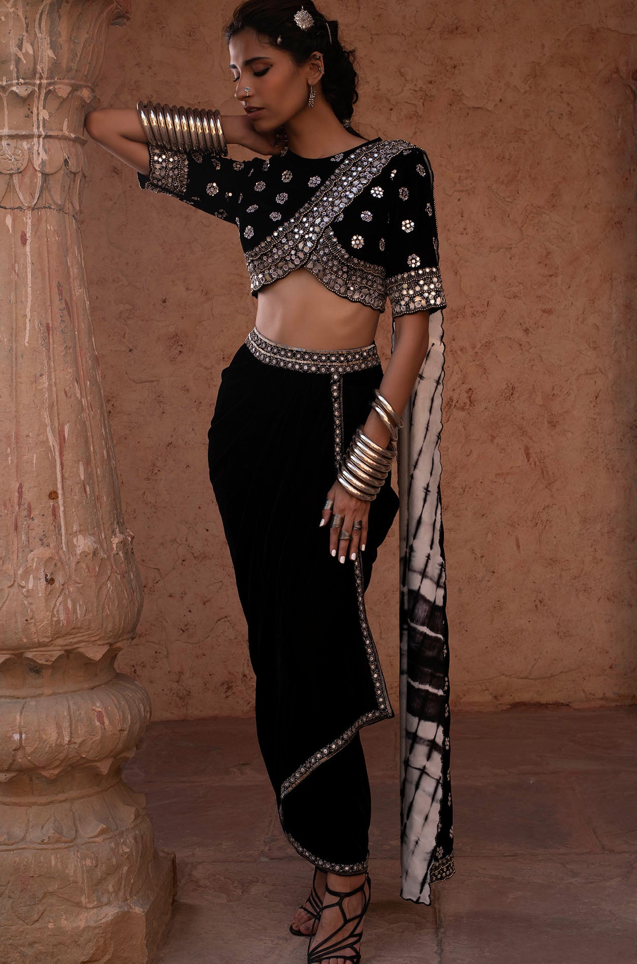 Black Embroidered Pre Stitched Saree Set