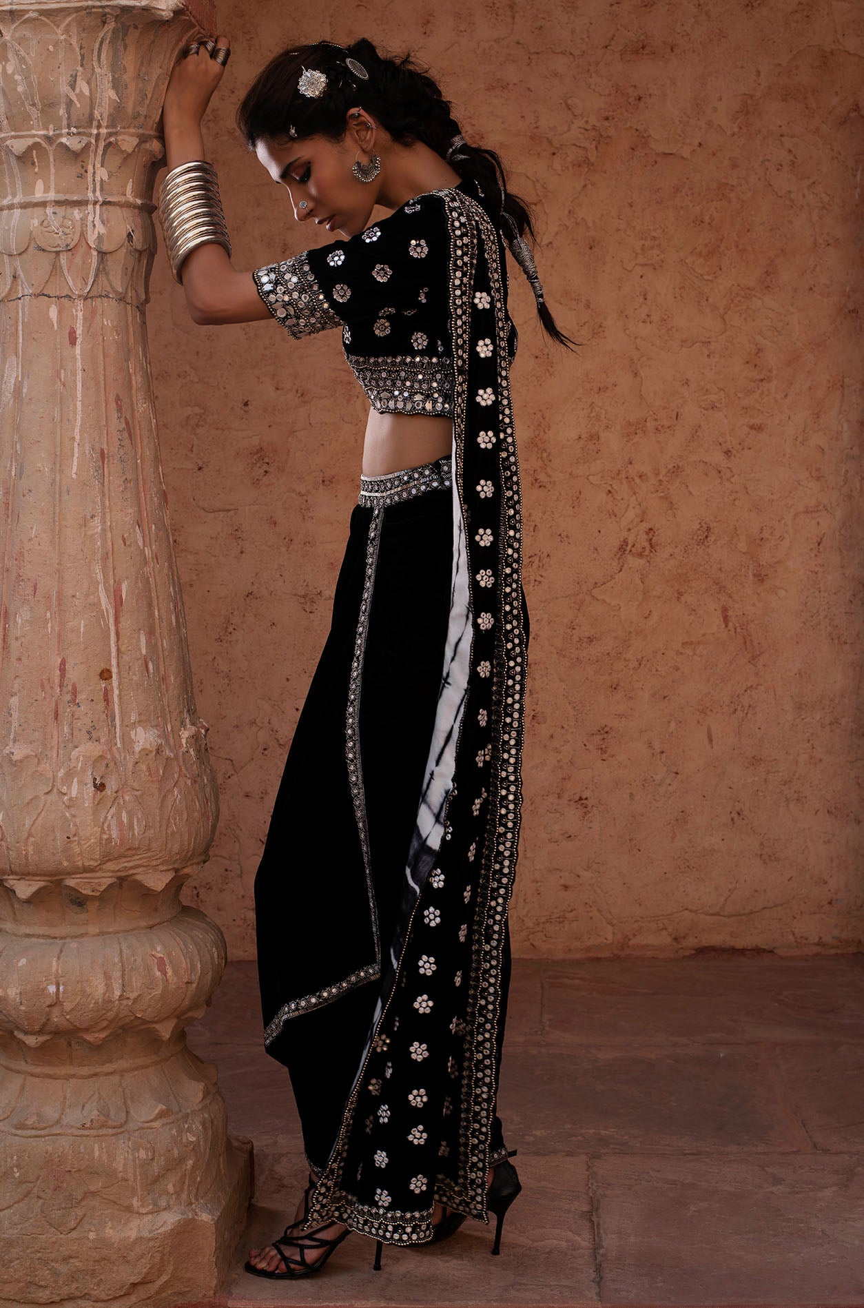 Black Embroidered Pre Stitched Saree Set