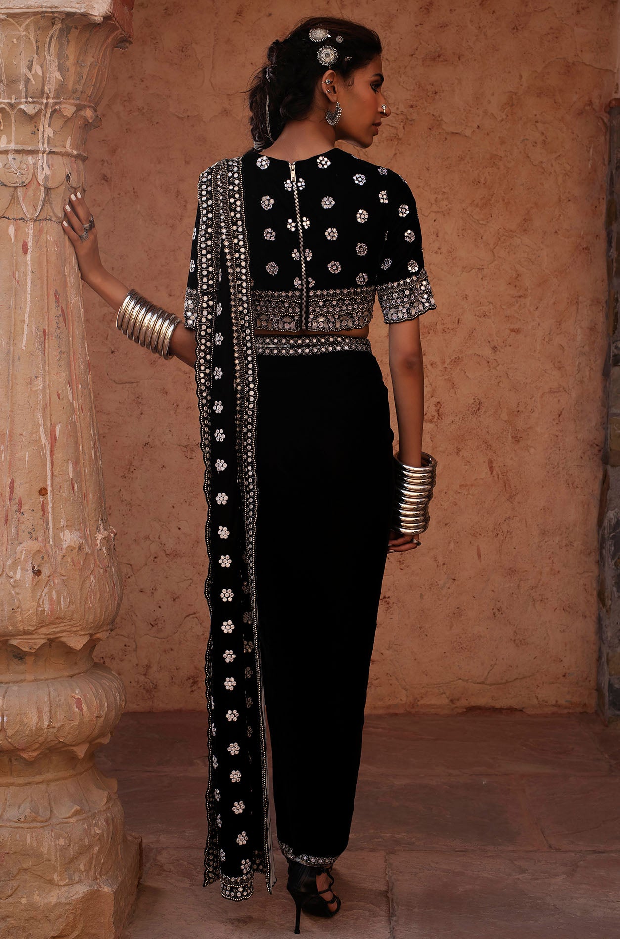 Black Embroidered Pre Stitched Saree Set