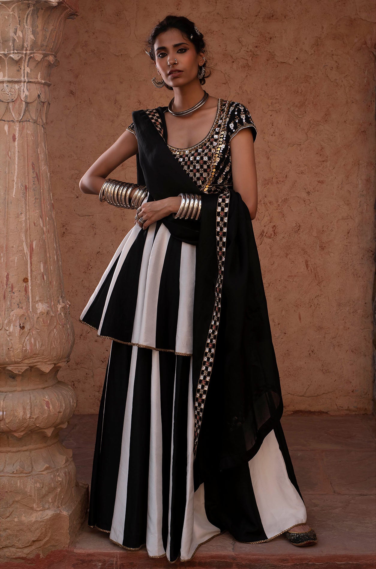 Black & White Embroidered Sharara Set