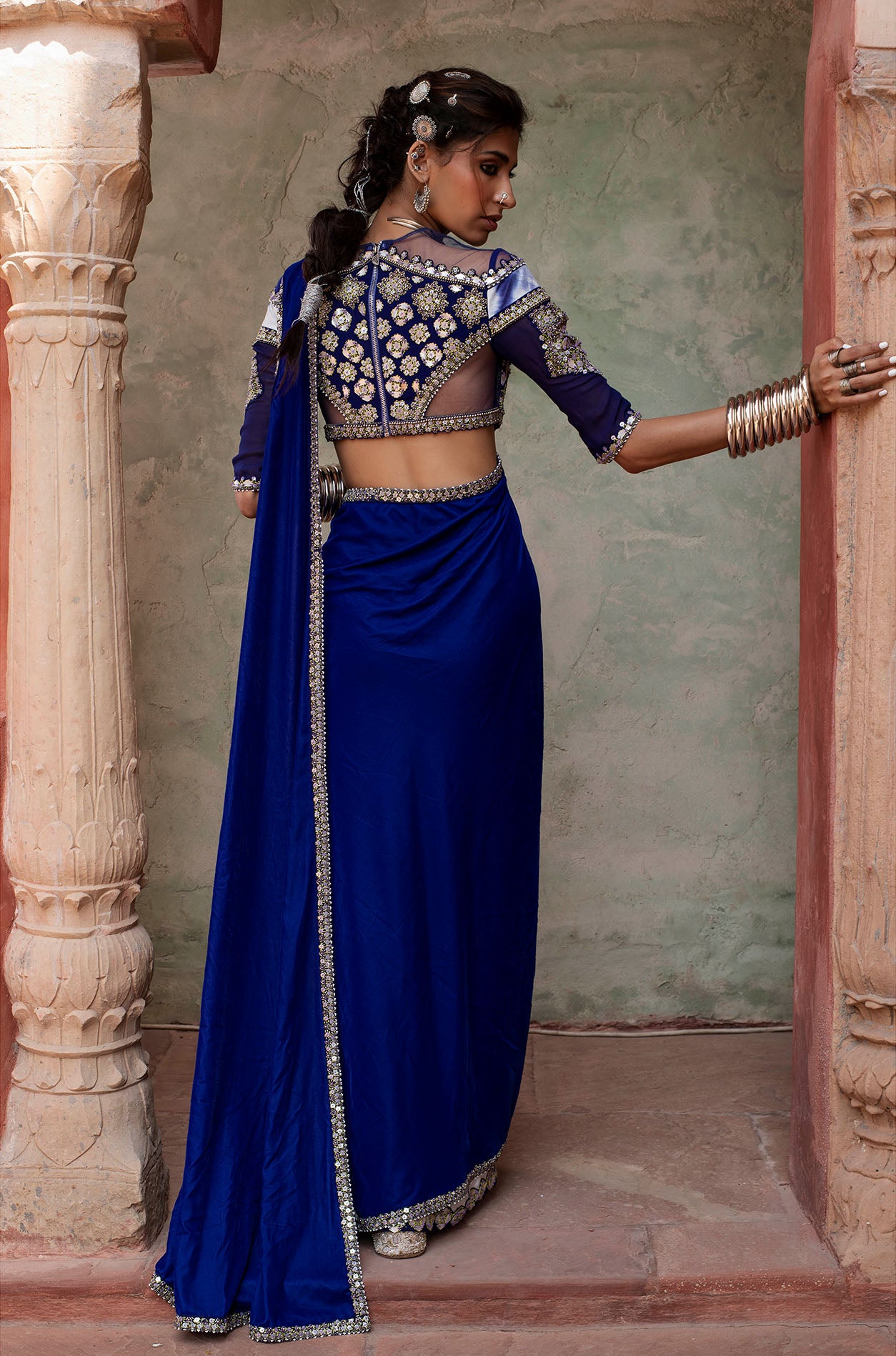 Cobalt Blue Pre-Stitched Saree Set