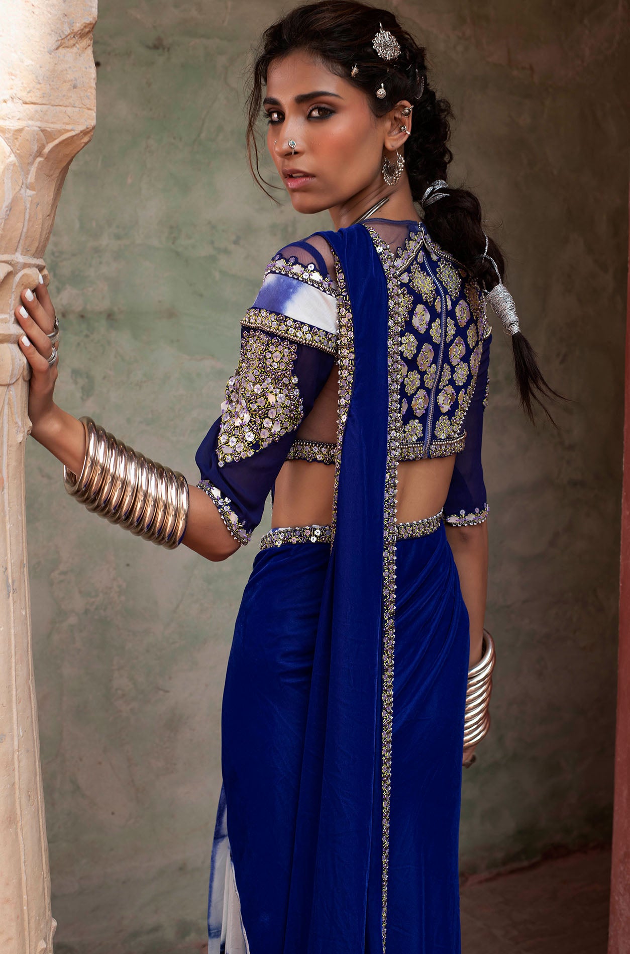 Cobalt Blue Pre-Stitched Saree Set