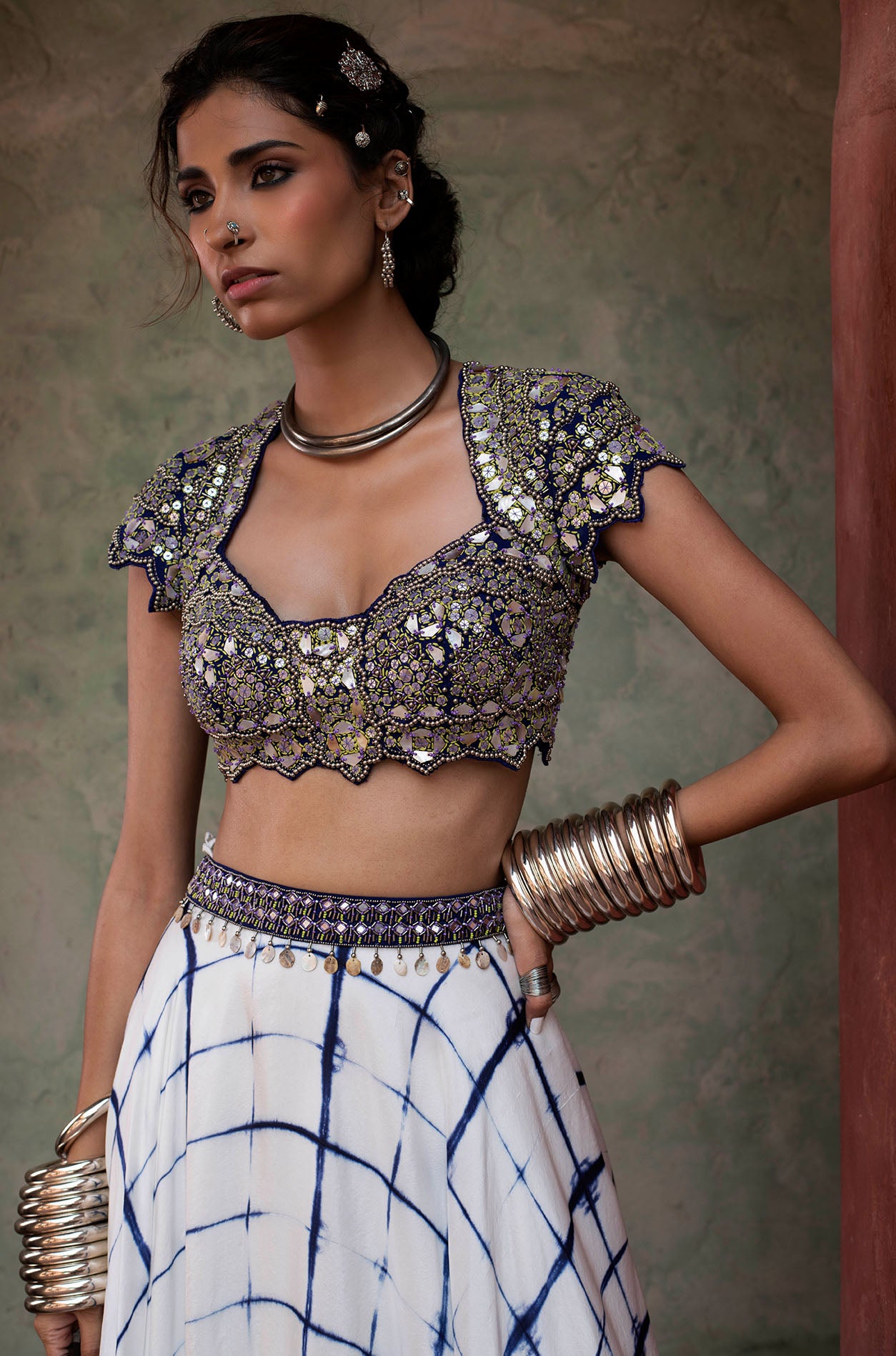 Cobalt Blue Printed & Embroidered Lehenga Set