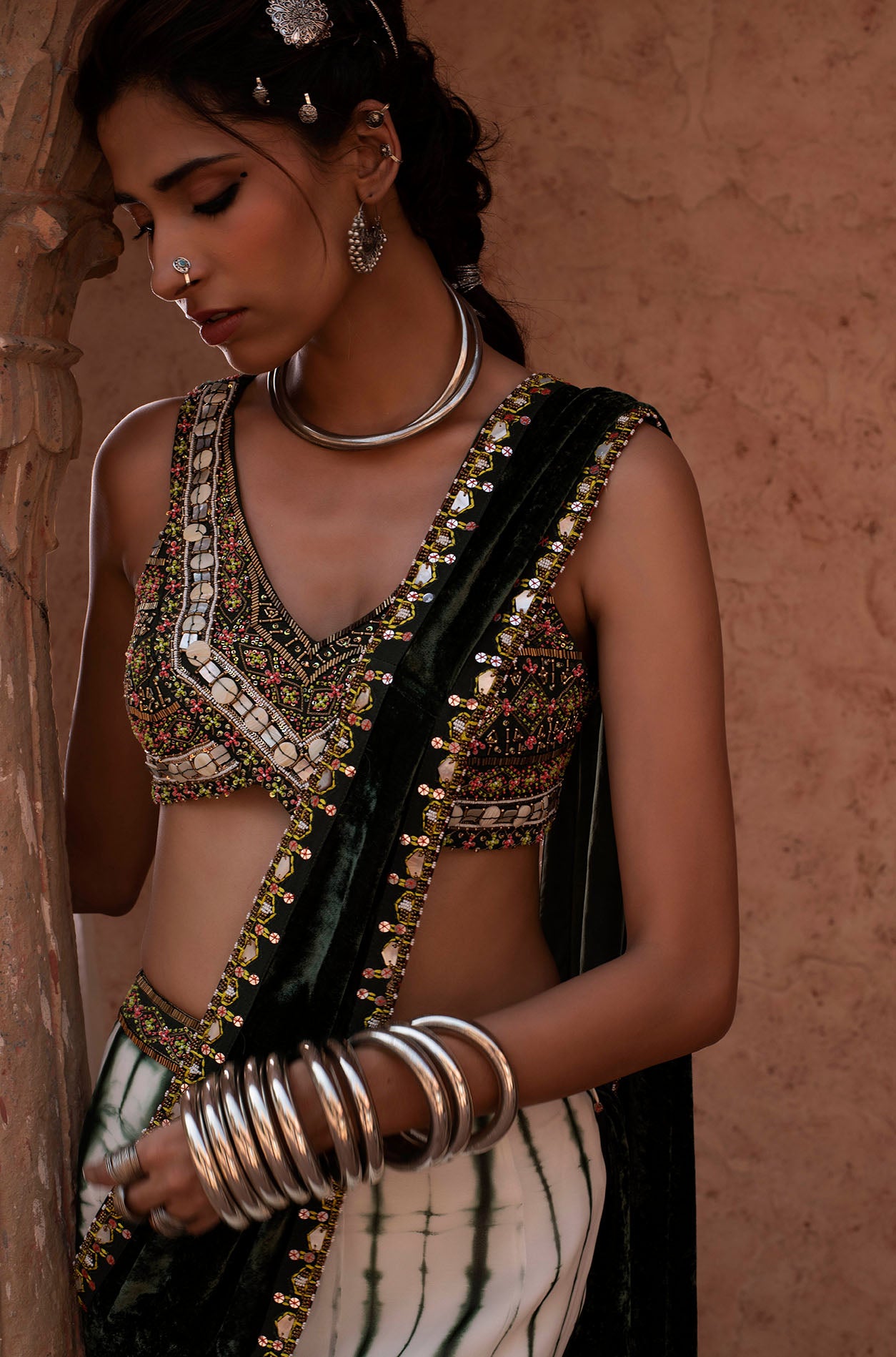 Emerald Green Embroidered Pre Stitched Saree Set