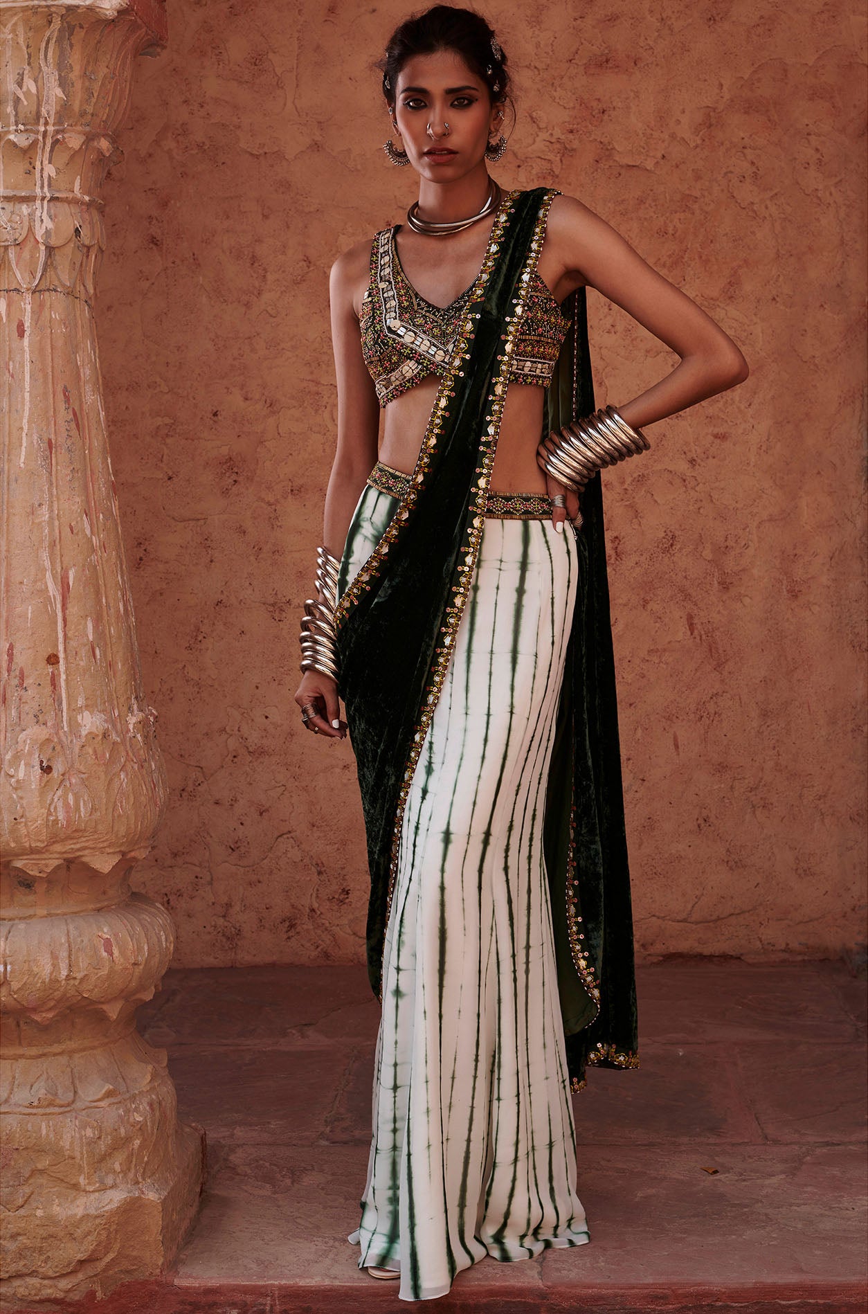 Emerald Green Embroidered Pre Stitched Saree Set