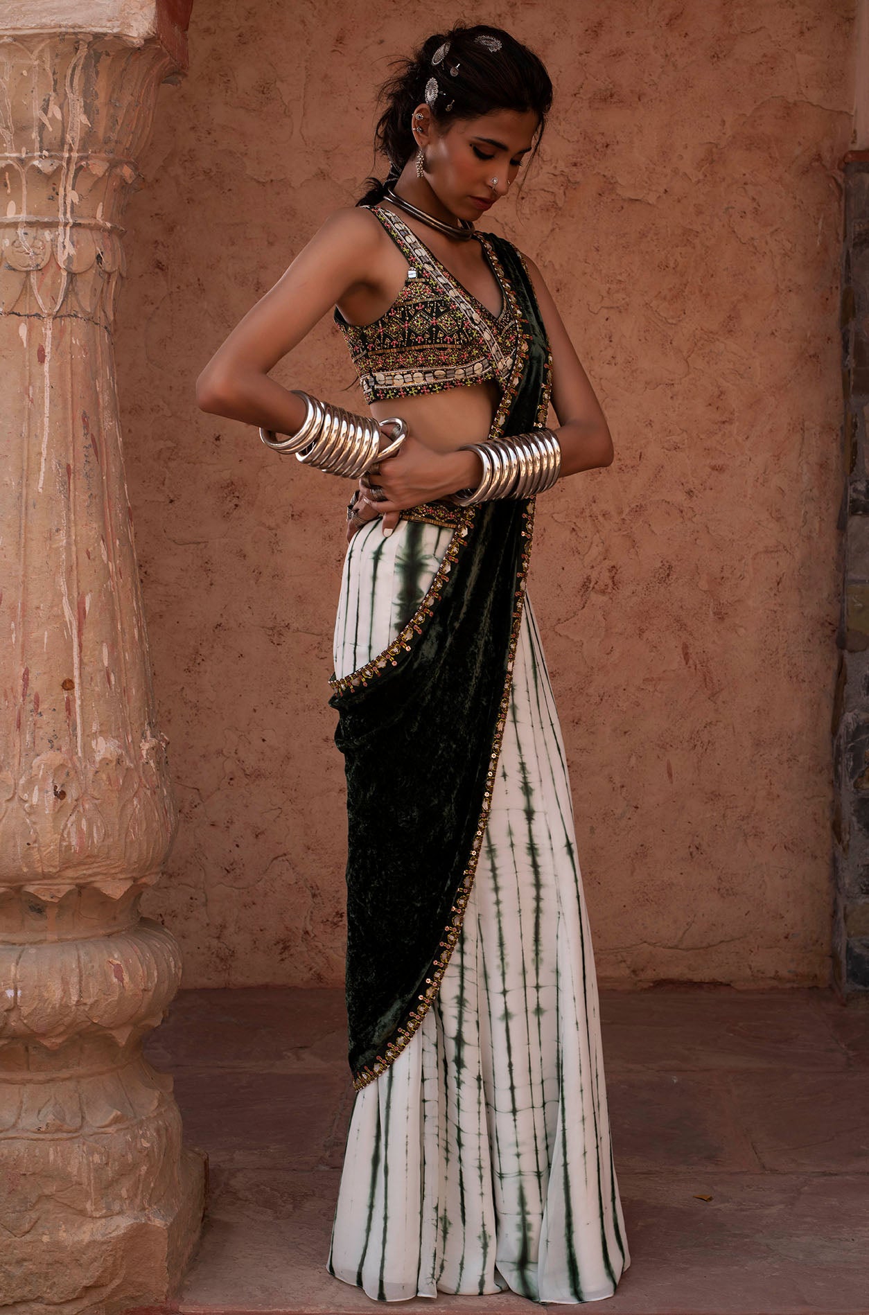 Emerald Green Embroidered Pre Stitched Saree Set