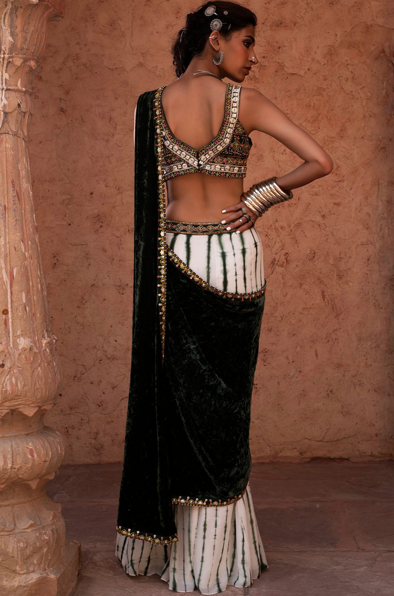 Emerald Green Embroidered Pre Stitched Saree Set