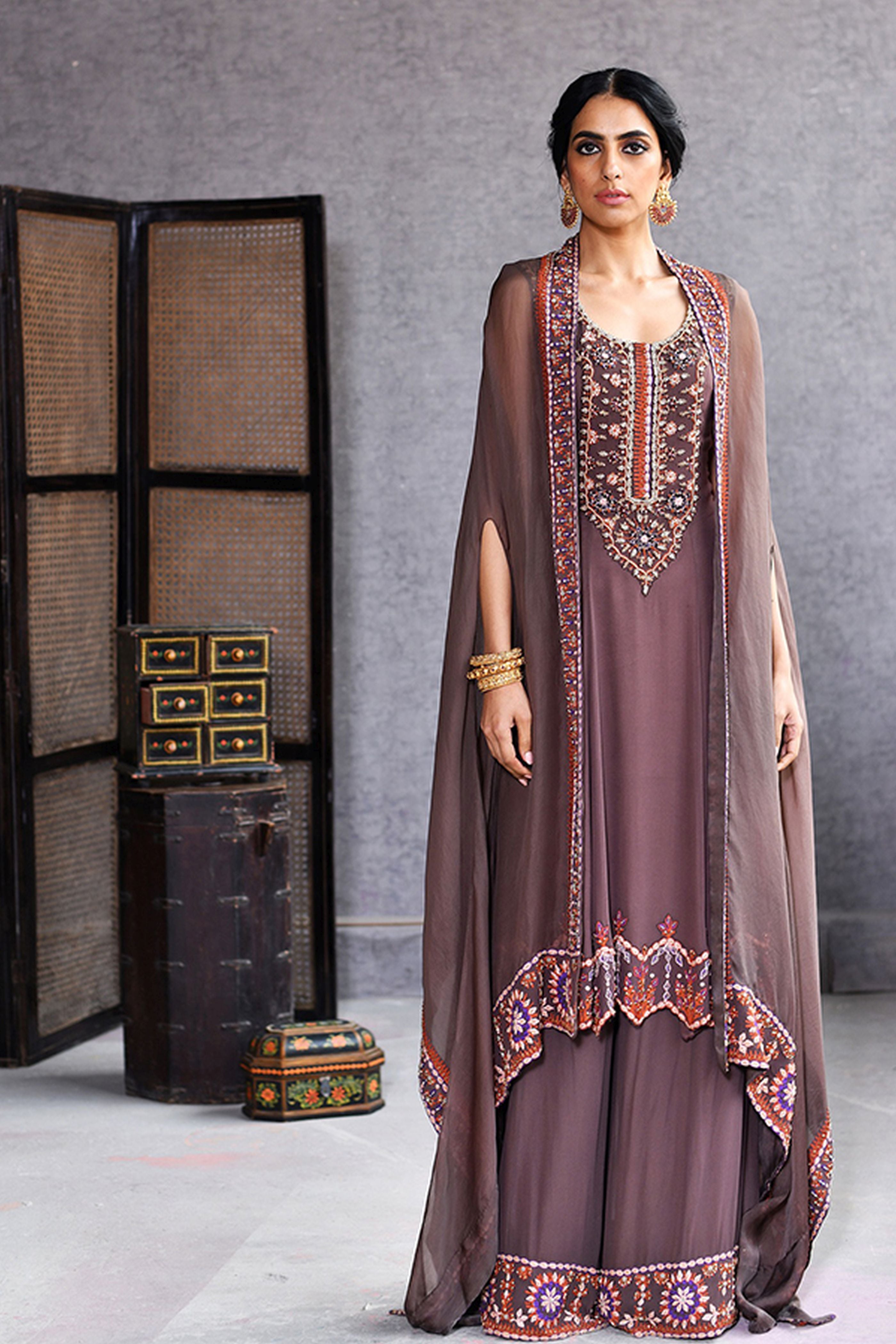 Long Kurta With Plazzao Cape
