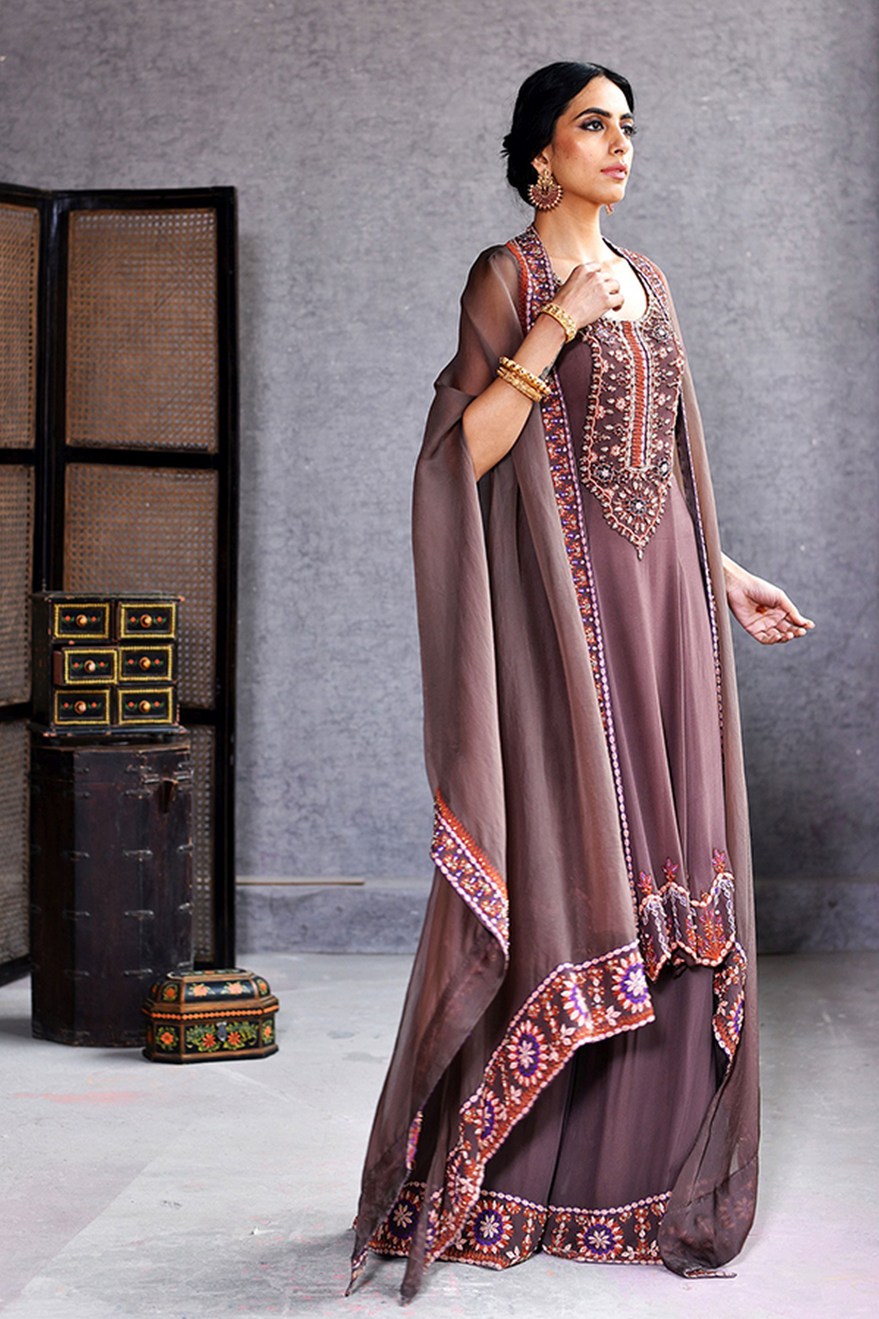 Long Kurta With Plazzao Cape