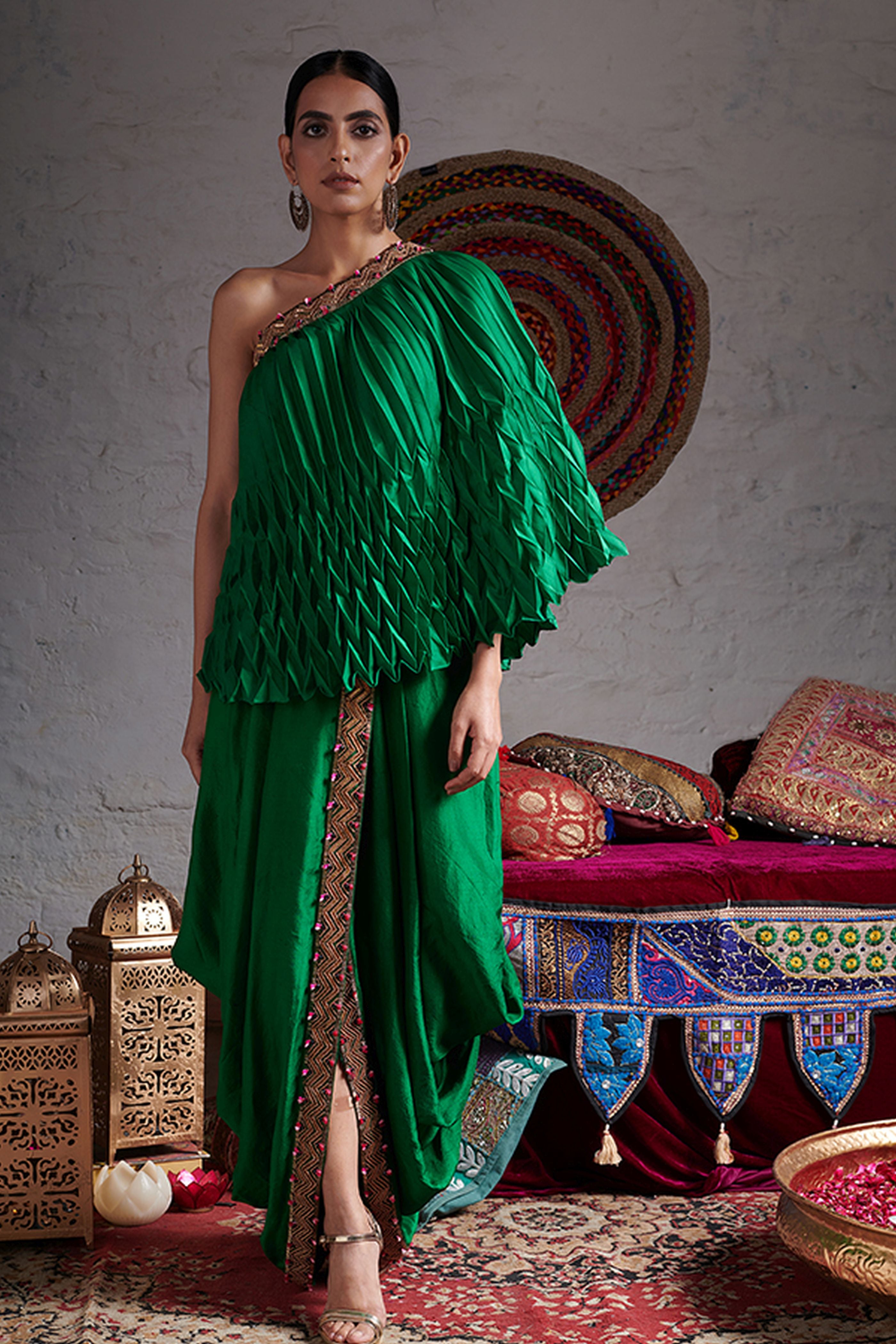 One Side Off Shoulder Crop Top With Dhoti