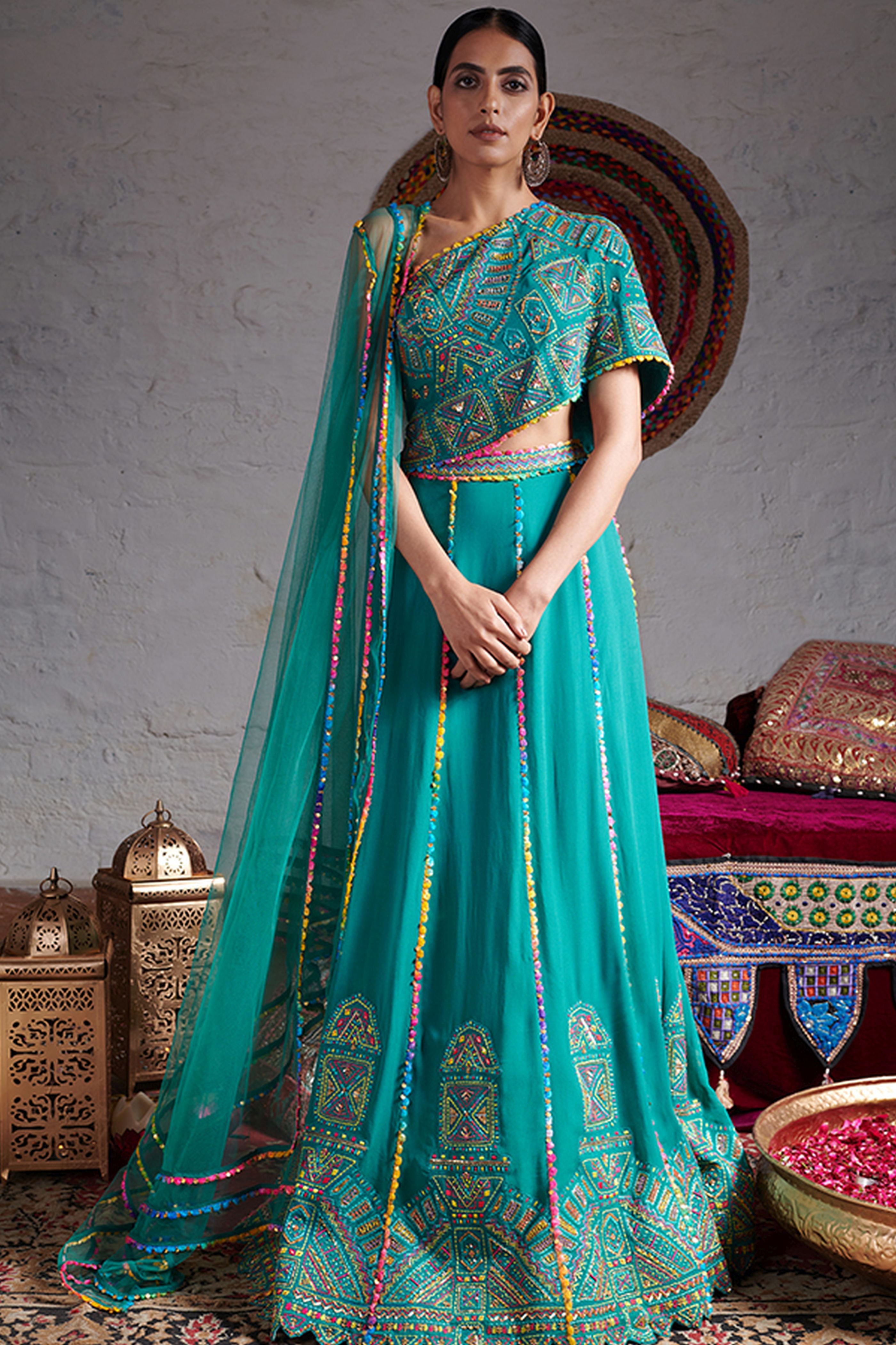 One Side Off Shoulder Crop Top With Lehenga And Dupatta