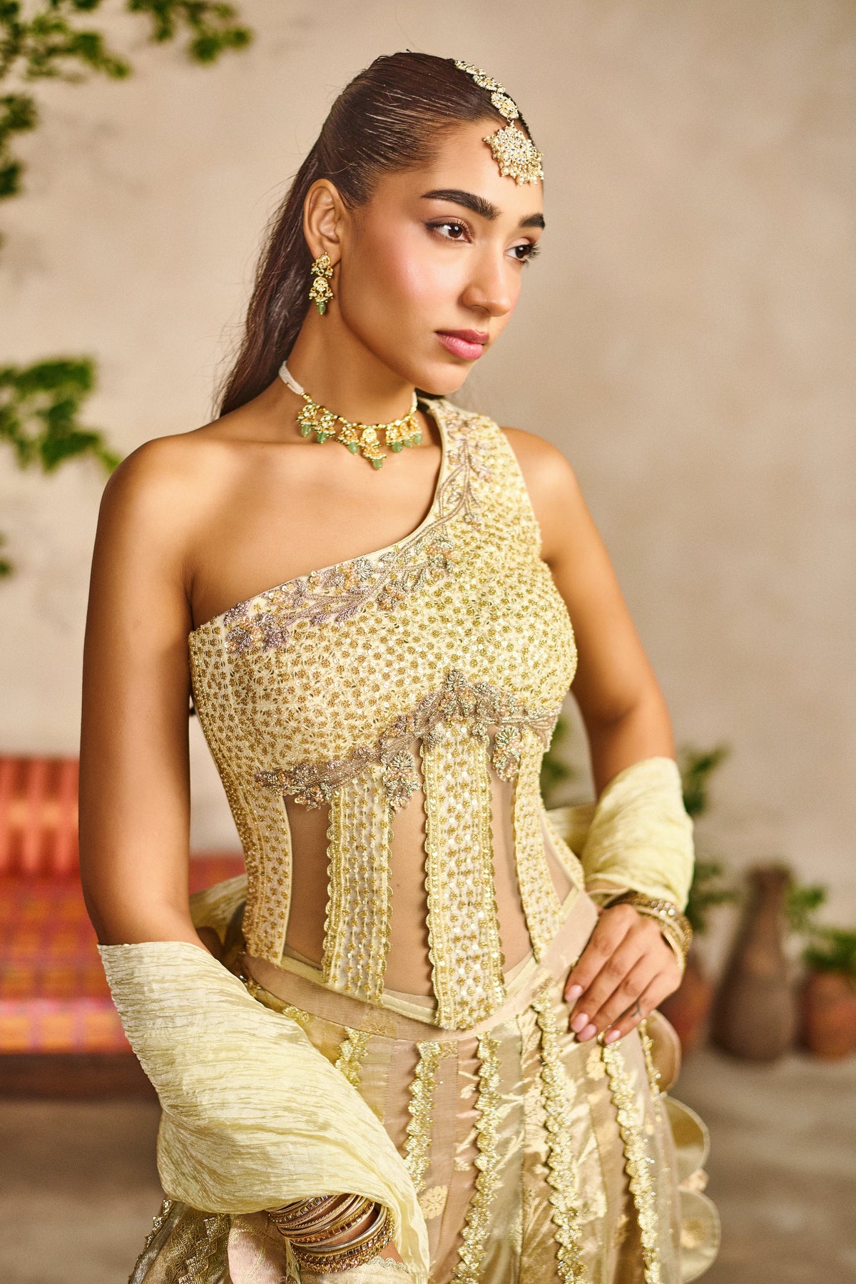 Kashi nimbu one shoulder top sharara set
