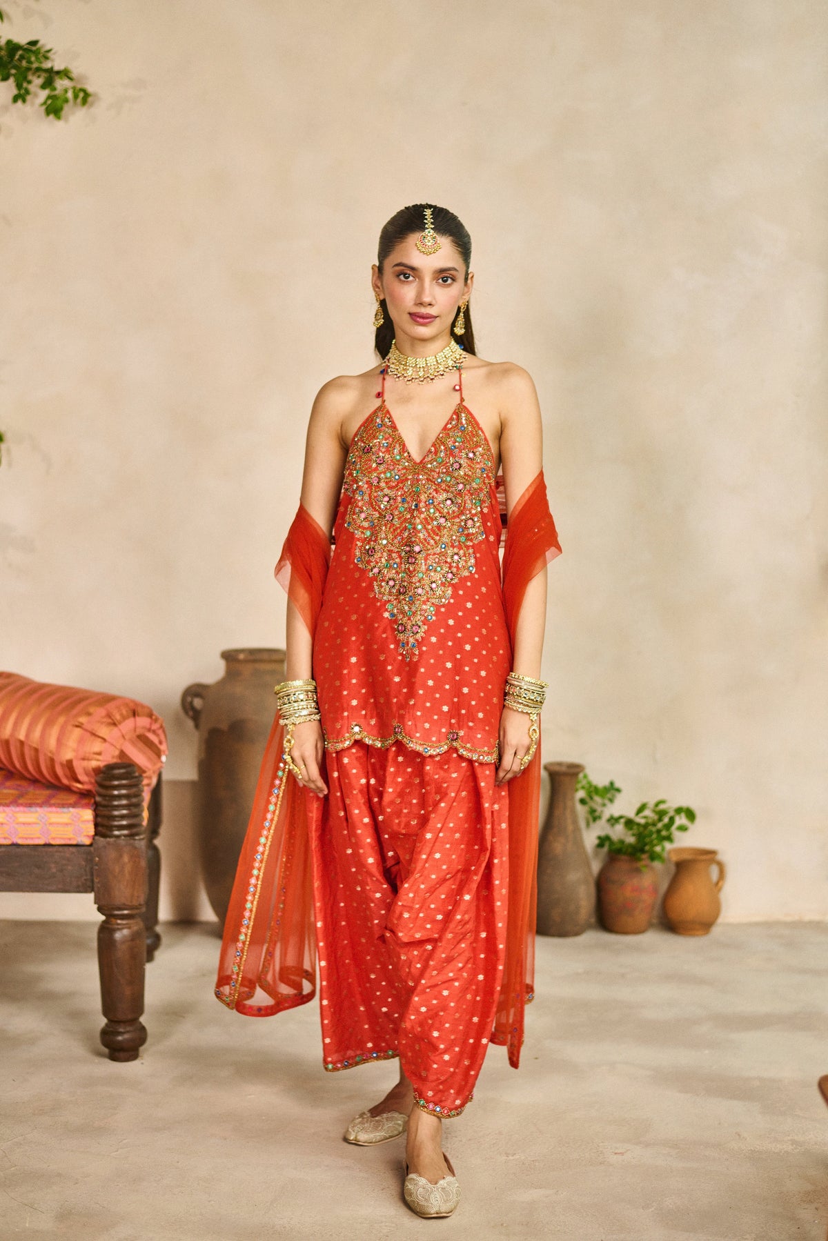 Rama orange halter kurta salwar set