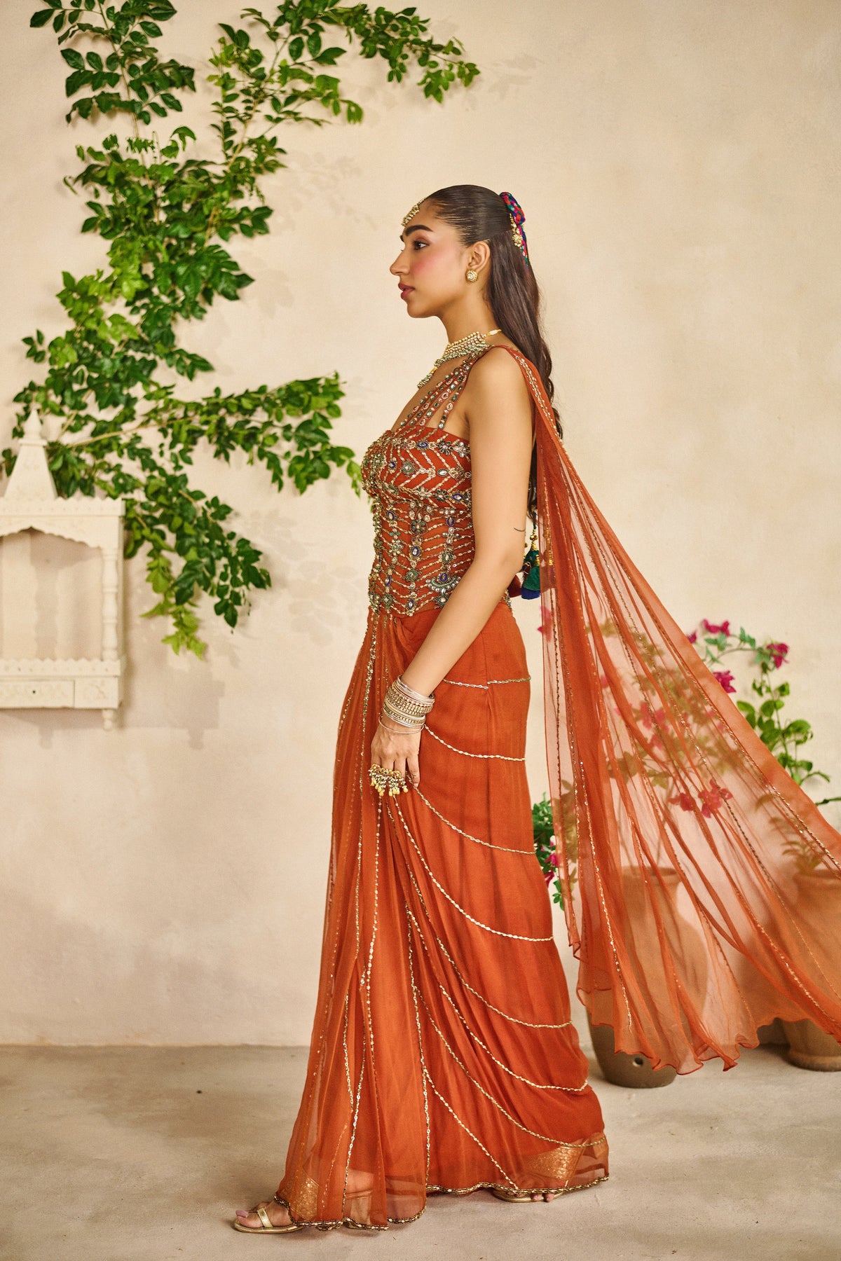 Devi zar corset skirt draped dupatta set