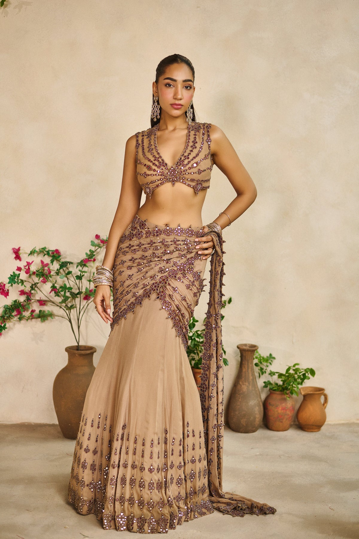 Sheesh jaal pre stitched saree